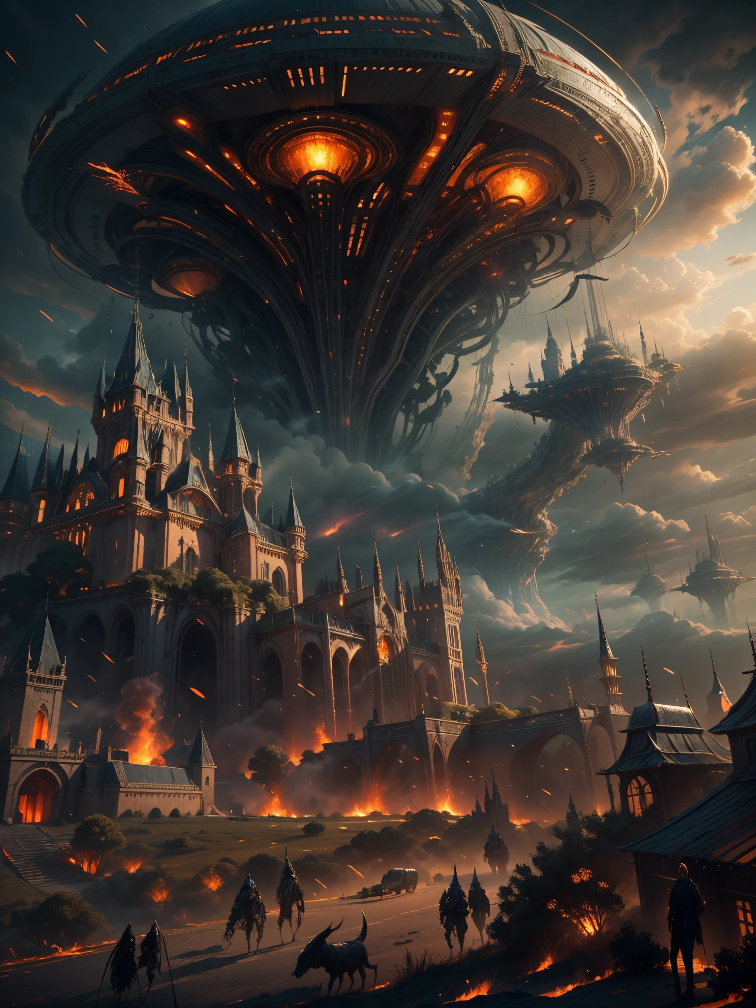 best quality,ultra-detailed,medieval kingdom invaded by alien ship,castle on a hill surrounded by lush greenery,dark stormy sky over the kingdom,medieval soldiers defending the kingdom,shining armor and swords,giant alien spaceship hovering above the castle,beams of light shooting from the spaceship,terrified villagers running for their lives,medieval architecture and buildings destroyed by the alien attack,alien creatures with otherworldly features,powerful energy shields protecting the spaceship,chaotic battle scene,fire and smoke engulfing the kingdom,alien technology contrasting with medieval elements in the scene,eerie atmosphere,ominous presence of the alien ship,clash of futuristic and medieval aesthetics,imposing and imposing spaceship dominating the sky,sense of urgency and danger,widespread destruction as the kingdom fights for survival,desperate battle between the medieval forces and the extraterrestrial invaders,medieval flags and banners waving in the wind,atmospheric lighting highlighting the tension and drama of the invasion,alien technology blending with the natural landscape,blazing fire caused by the alien weapons,majestic castle being defended by brave warriors,alien ship emitting a menacing glow,medieval kingdom's last stand against the alien threat,epic clash of two completely different worlds,medieval flag held high as a symbol of resistance,alien invasion threatening the tranquility of the kingdom,medieval architecture providing a stunning backdrop for the battle,alien ship casting a mysterious shadow over the land.