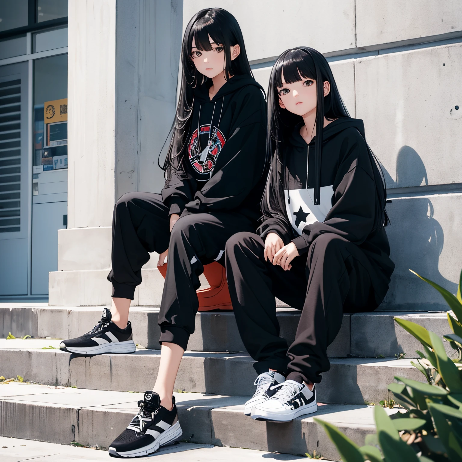 Two beautiful cute girls, long black hair, black hoodie, trousers, sneakers, sit, stairs