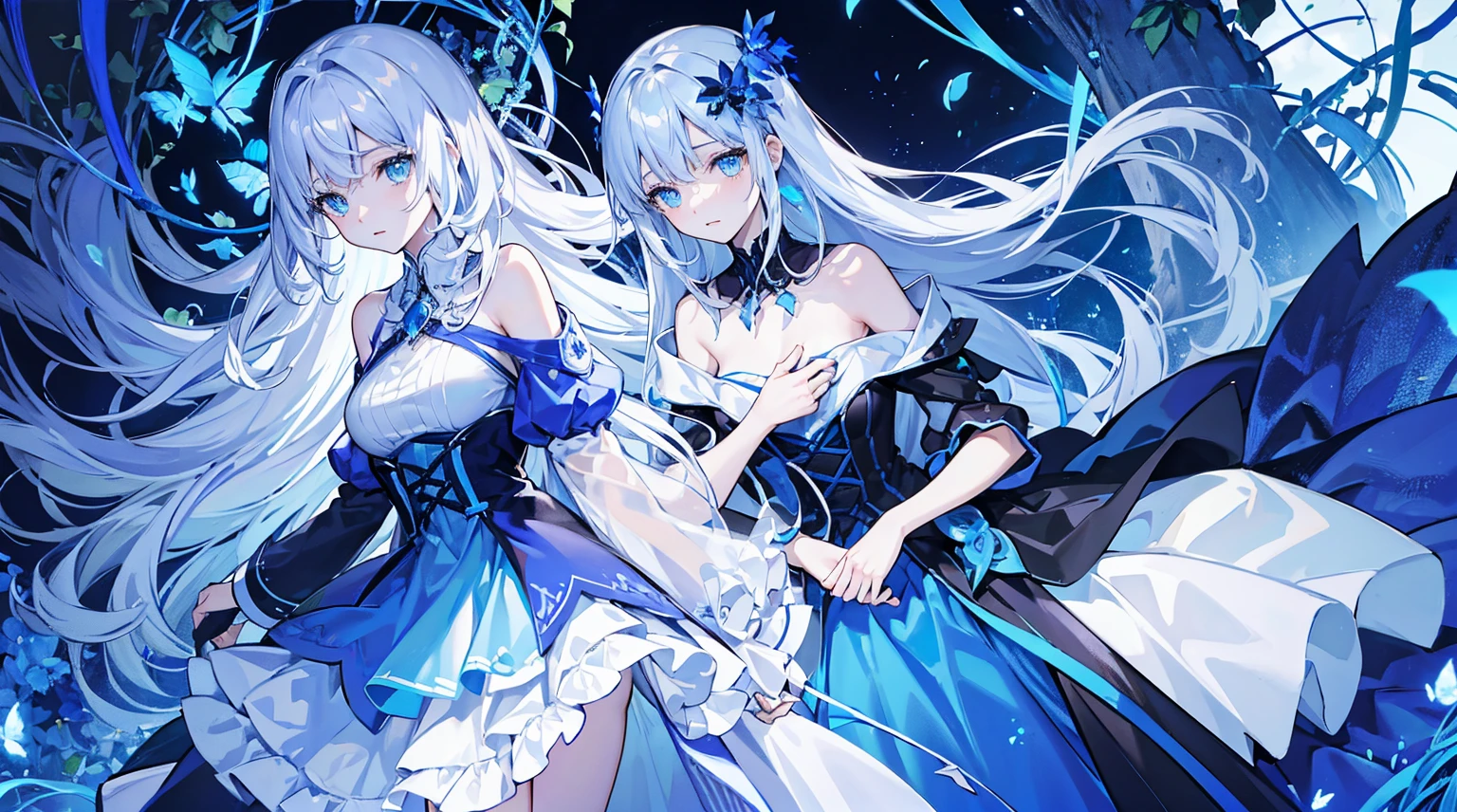 （（tmasterpiece：1.4，Best quality））+，（hyper-detailing）+，（Ultra-detailed eyes）+， （Elegant 1 girl），blue color eyes：1.15），white color hair，Very long hair，（wariza：1.2），pale-skinned，shut up，grieves， （She wore a dress made of entangled blue vines：1.5），（flatchest：1.2），（vine dress：1.4），（Dress made of vine：1.2），（Surrounded by vines：1.4）， （be desperate：1.3），Gotik， （Blue vines：1.3），leafs，（Vine tree：1.1），Flying blue butterfly （dawn light：1.2）， （Thick black and white：1.16），（depth of fields：1.4），one-girl