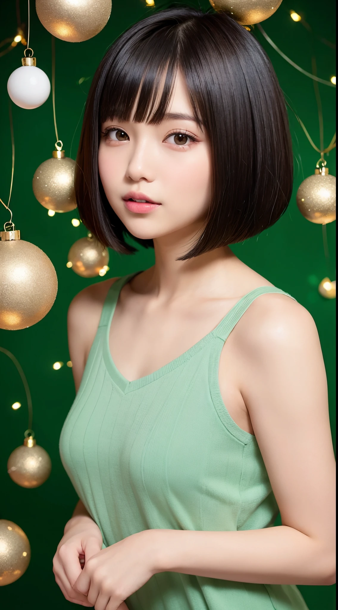 Cute woman with bob cut hair、Christmas Background