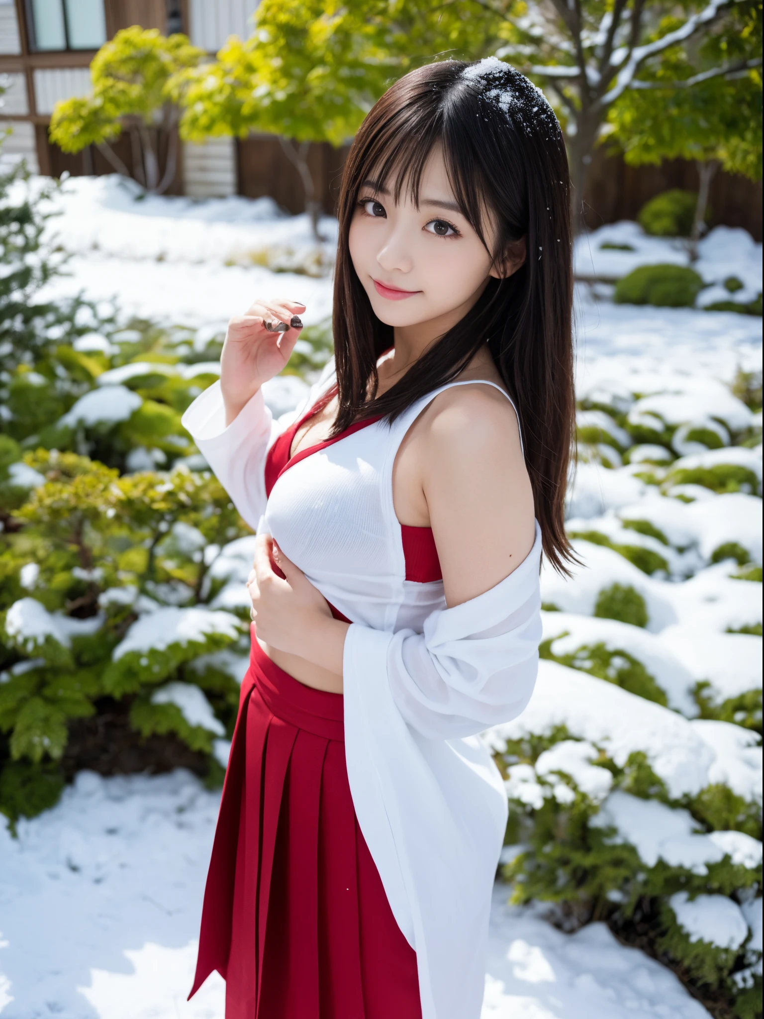 A woman wearing a red skirt and white shirt takes a photo, japanese girl school uniform, hakama kimono, Japan school uniform,  A Japanese style, Red kimono, Japanese style, traditional japanese, Wearing Hakama, japanese kimono,Winter landscape on background,Background inside the house ，Ultra-high image quality，No bra，feet visible ，You can see the valley ，cleavage of the breast ，Furisode ，Wide sleeves ，shrine maiden clothe ，shoulders can be seen ，Shoulder skin is visible ，Shoulders exposed  、hyperdetailed body(Moderately breasts)、super-detaild skin　、breastsout 、Transparent、(undergarment)、see -through、(Winter scene)、(snowscape)Balance Diagram:1.2、A sexy、lesbian、(Touch each other)、(Take it off)、Undress each other、Exposed shoulders、Chest exposed、pushed、(Embarrassed look)、embarassed expression、 Seduction Pose、(Be undress)、((Spread your legs wide))、Opening legs、a miniskirt、I see underwear、(((toppless)))、all-fours、Clothes are disheveled、Posture on all fours、Taking off your skirt、(i am wearing tabi socks)、(Pants are white)、Sheer nipples、Looks Back、鎖骨、Christmas Costumes