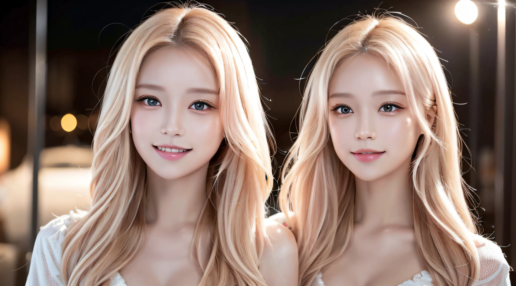 ((Best quality at best,8K,tmasterpiece:1.3))),Clear focus:1.2,(layered cut,The large:1.2),Beautiful Women in Perfect Figure:1.4,Slim abs:1.2,Moist body:1.5,Highly Detailed Face and Skin Textur,詳細な目,二重まぶた,Long blonde hair,(beautidful eyes:1.3),(grin face:1.3),(Both eyes are the same size:1.4),(light pink colored hair:1.3),(Smiling lips:1.3)