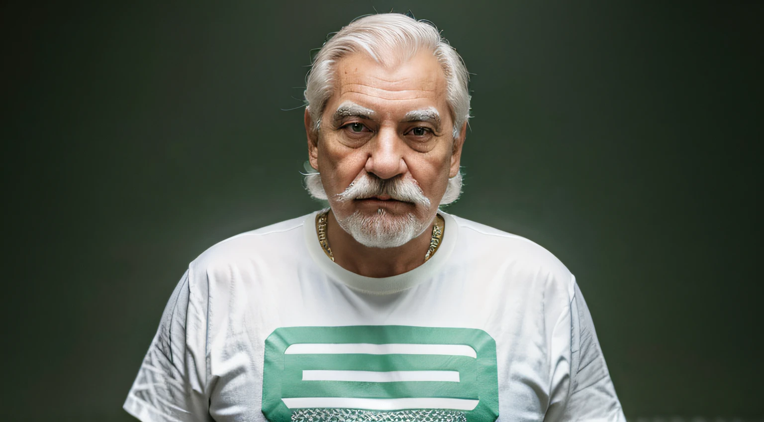 tmasterpiece, Best quality, Faraway view,70 years old,Old man has wrinkles on his face, Absolutely positive, intense white hair, white mustache,actual, The shirt, high high quality, Upper part of the body,fully body photo,Global light, solid green background, solid green background,Green background