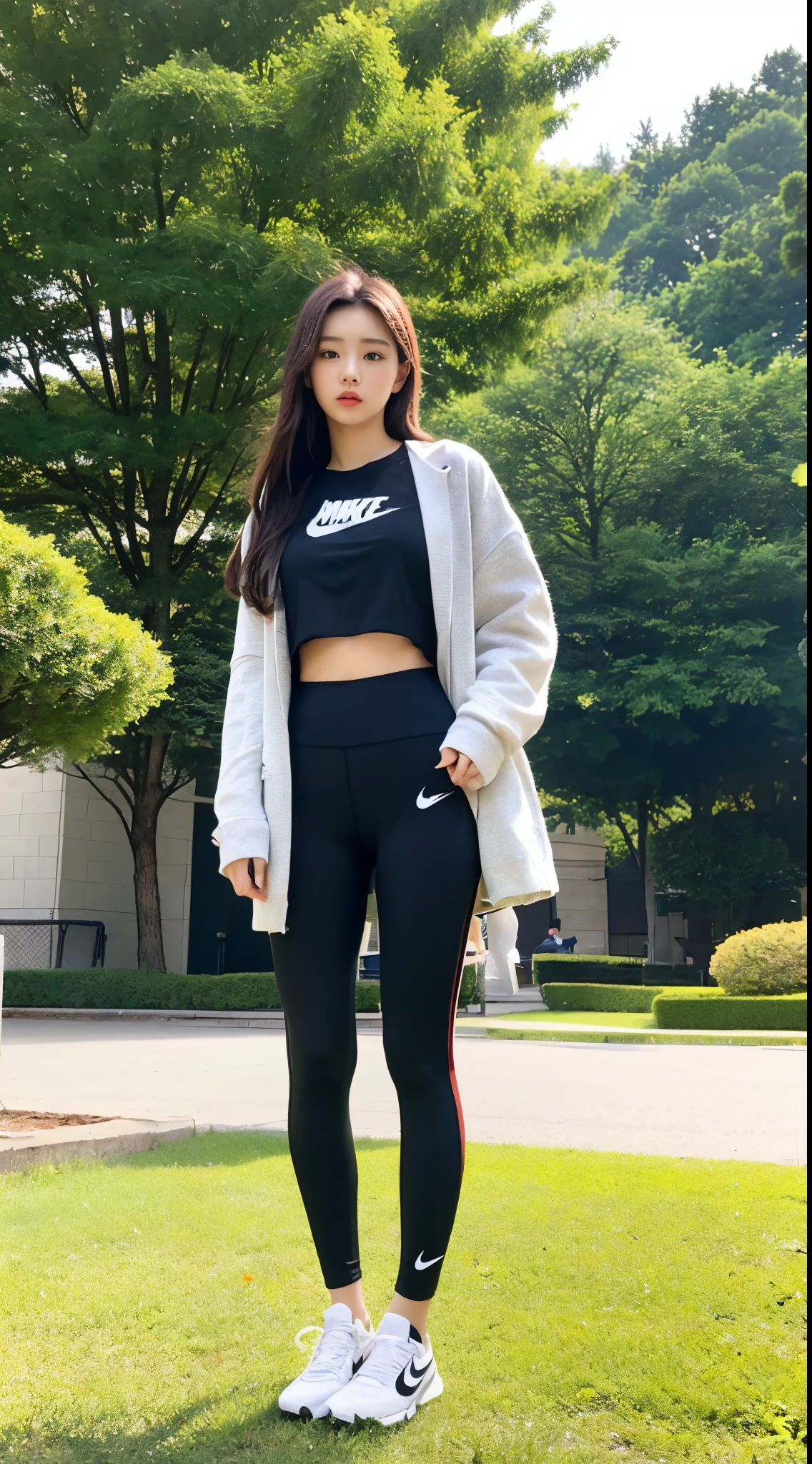 Real and beautiful Korean baby,pale-skinned,Quite large,Standing outside the park looking across in Nike and Nike leggings