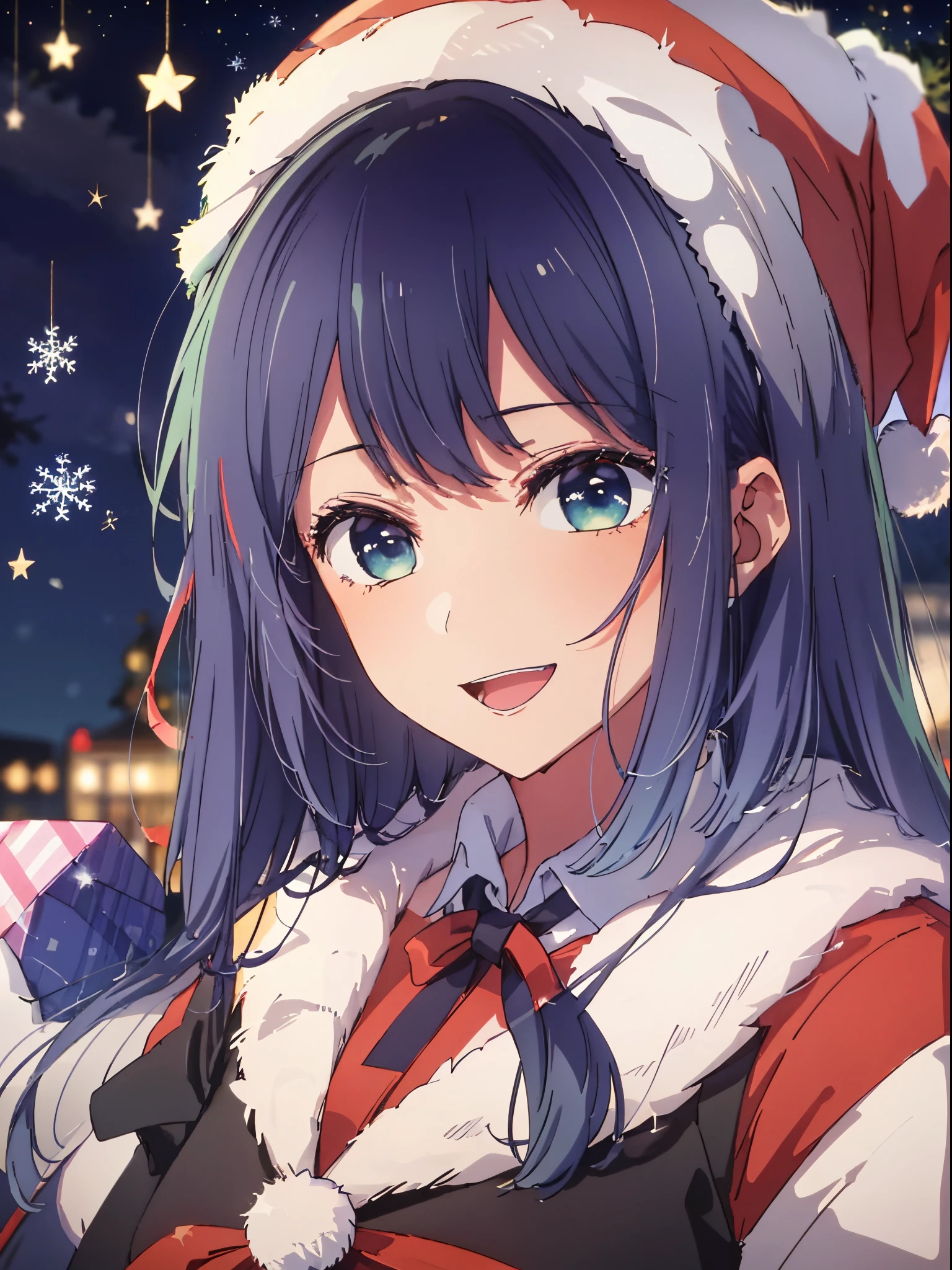 masterpiece、hightquality、8K、 1girl in, 独奏, (((anime styled)))、(((2D)))、A smile、Open your mouth、(a closeup)、(((santa ))))、(((Christmas)))