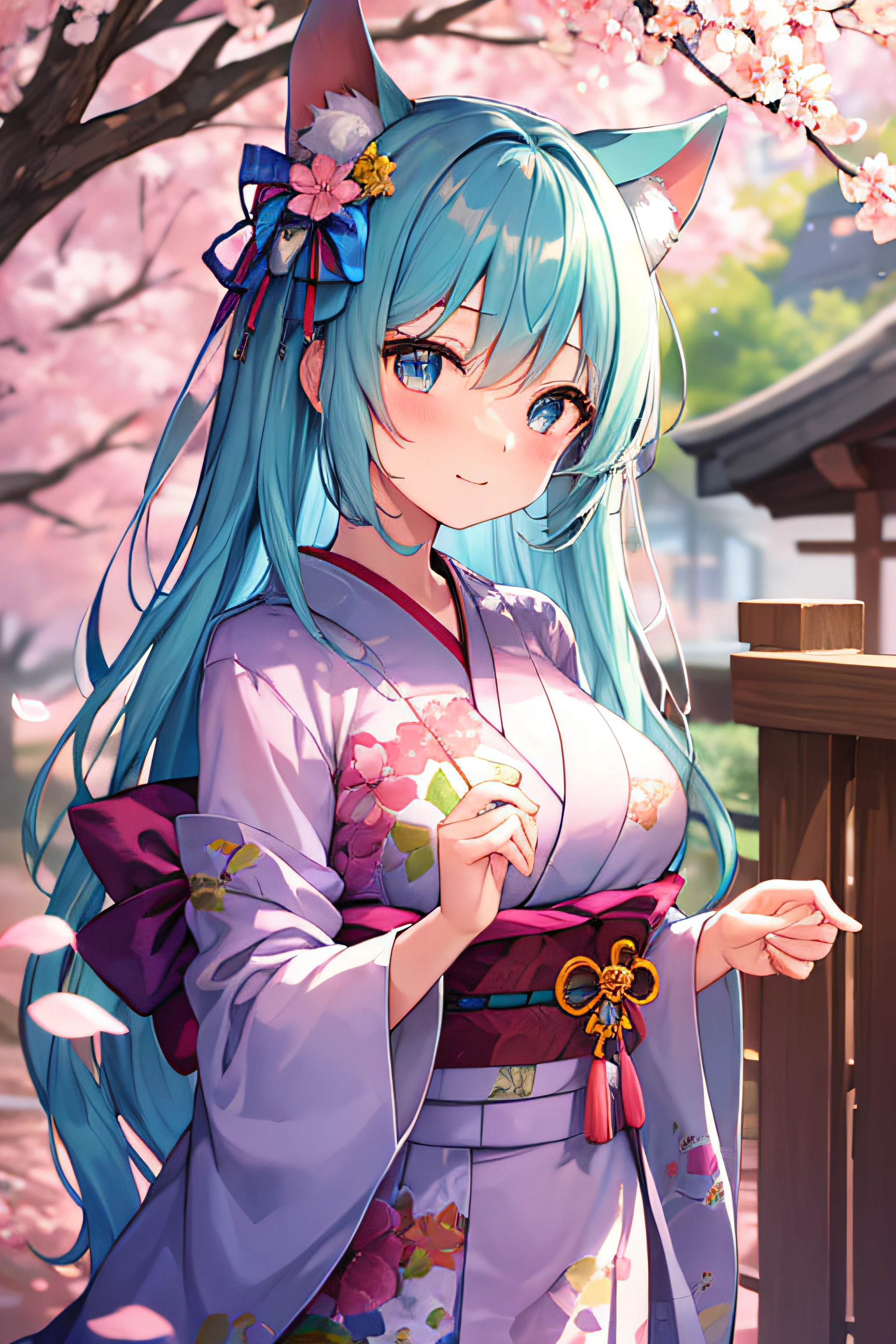 masterpiece、Top image quality、超A high resolution、miku hatsune、blue hairs、Twin-tailed、Blushing、Cute and shy、Kimono、firm breasts、well-shaped breasts、kyoto、Japan、during daytime、cherryblossom、Lots of cherry blossom petals、spring
