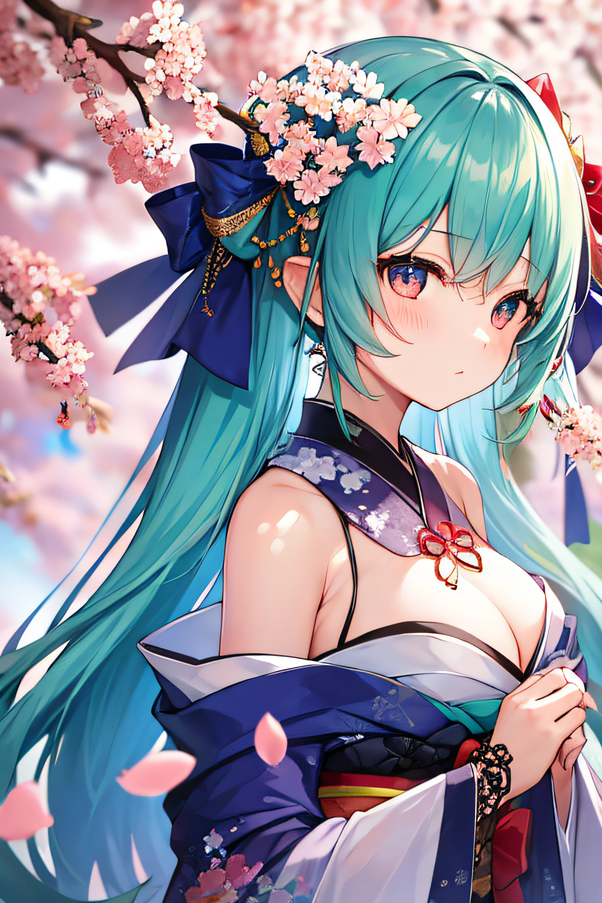 masterpiece、Top image quality、超A high resolution、miku hatsune、blue hairs、Twin-tailed、Blushing、Cute and shy、Kimono、firm breasts、well-shaped breasts、kyoto、Japan、during daytime、cherryblossom、Lots of cherry blossom petals、spring