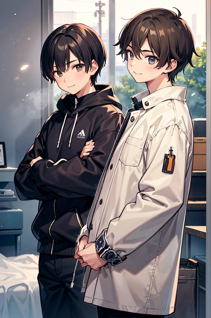 boy&#39;s daily life、(((1boys))),(Cool and cute boys),unique boy、perfect male talent、Male Characters:1.1、A transparent male model、Light brown skin, grey  eyes, Black hair、detailed eye、In winter clothes、Wear thick clothes、enjoyably、Take it easy、free and、Bright smile、creation、dust particles、 natural soft light、{{orange colors}}、Strongest configuration、smooth anime cg art、Anime Art、Illustration style