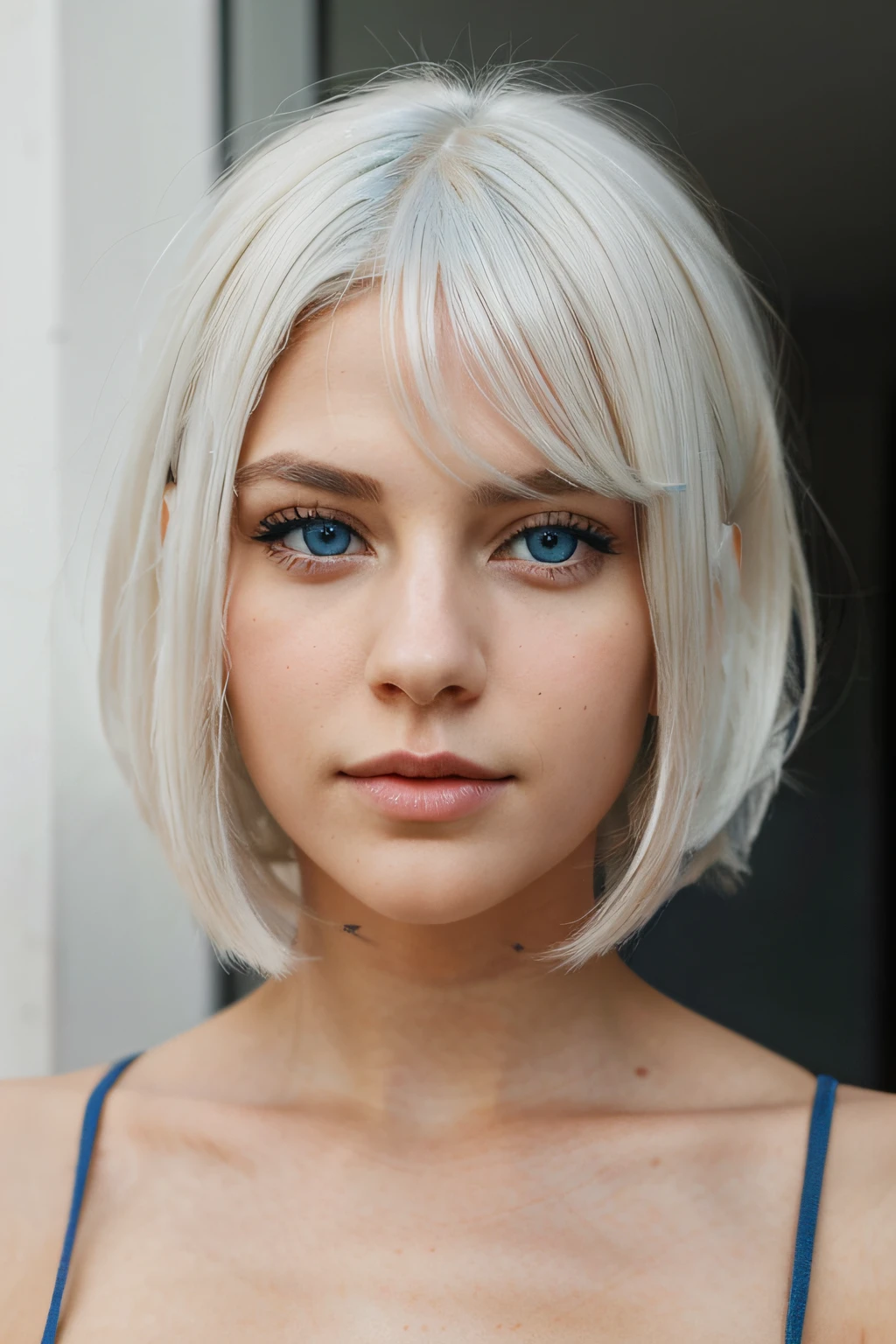 Front view of a magnificent young woman with blue eyes, this woman has short and straight white hair, luscious lips.