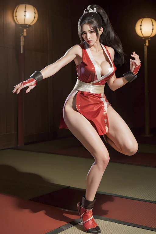 (mai shiranui:1.7), (tabi:2.0), (toe:1.2), (Full body portrait:2.0), Full body, (Realism), (masutepiece:2.0), (Best Quality), (ultra-detailliert), (8K, 4K, Convoluted), (Flat Lighting:1.2), (skinny), Prestige, Brown eyes, Long hair, brown eyes, long hair, brown hair, white ribbon, sleeveless, ponytail, sash, pelvic curtain, arm guards, gloves, tabi, fascinated expression, Sexy eyes, slim, medium breasts, Smile, Cute, view the viewer, Long hair, Close to Japan temple, (breasts focus:1.2), (Realistic:1.2), (Full Shot: 1.2), (85 mm), light Particle, Lighting, (Highly detailed:1.2), (Detailed face:1.2), (gradients), SFV, Colorful, (Detailed eyes:1.2), (Detailed temples of Japan: 1.2),(Detailed background), (Dynamic Angle:1.2), (Dynamic Pose:1.2), (Line of action:1.2), Wide Shot, Daylight, Solo.