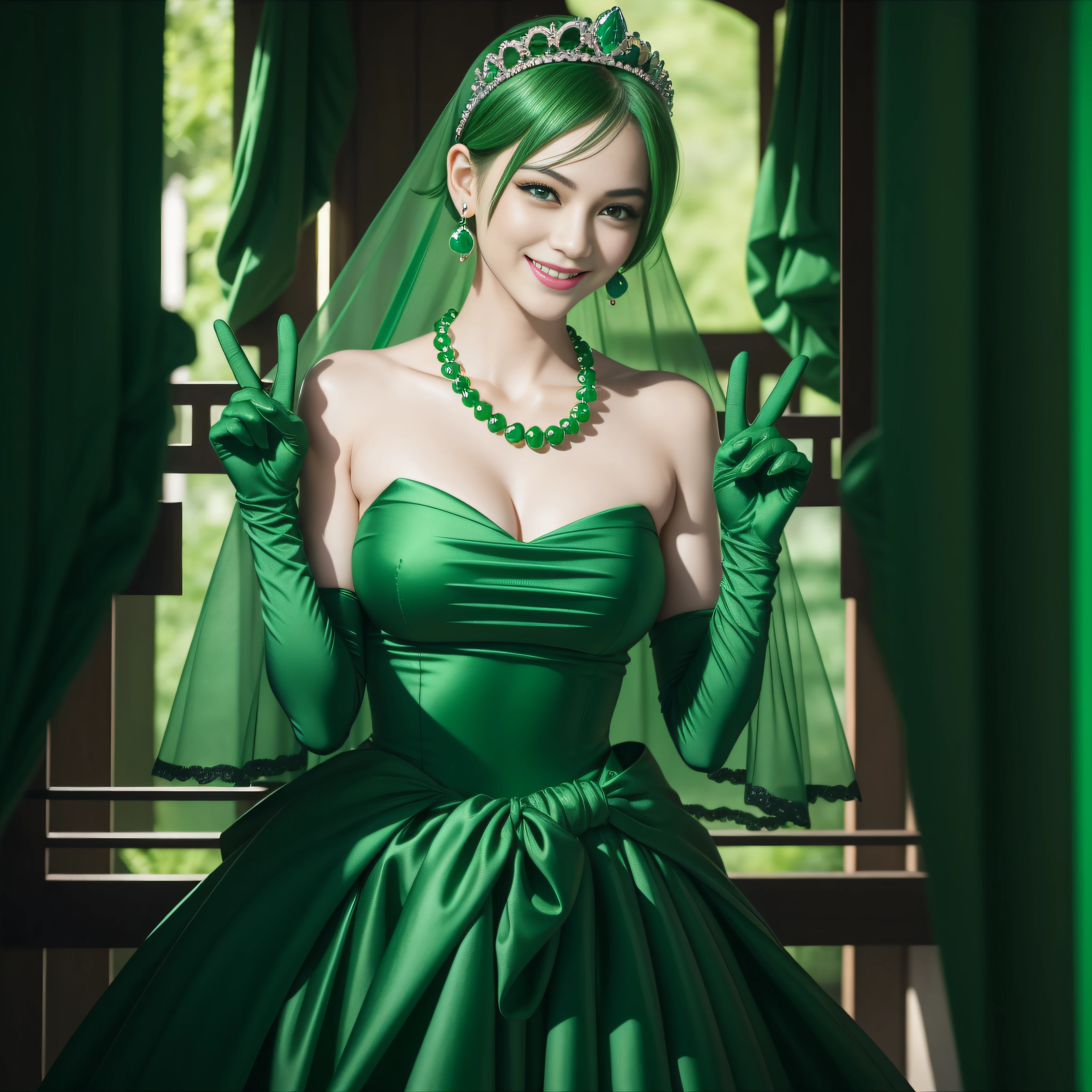 emerald tiara, Green Pearl Necklace, Boyish very short green hair, lipsticks, Japan woman smiling, very short short hair, big breasts beautiful, Green eyes, Long green gloves made of satin material, Green eyes, Emerald Earrings, green vale, v sign