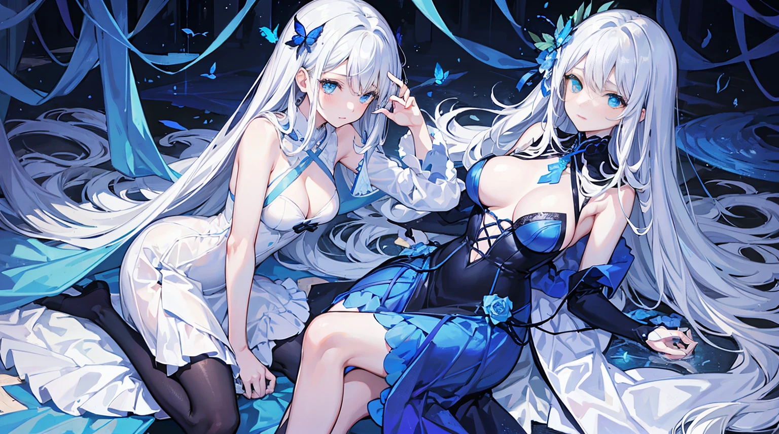 ((tmasterpiece:1.4,Best quality))+,(hyper-detailing)+,(Ultra-detailed eyes)+, (Elegant 1 girl),blue color eyes:1.15),white color hair,Very long hair,(wariza:1.2),pale-skinned,shut up,grieves, (She wore a dress made of entangled blue vines:1.5),(flatchest:1.2),(vine dress:1.4),(Dress made of vine:1.2),(Surrounded by vines:1.4), (be desperate:1.3),Gotik, (Blue vines:1.3),leafs,(Vine tree:1.1),Flying blue butterfly (dawn light:1.2), (Thick black and white:1.16),(depth of fields:1.4),one-girl