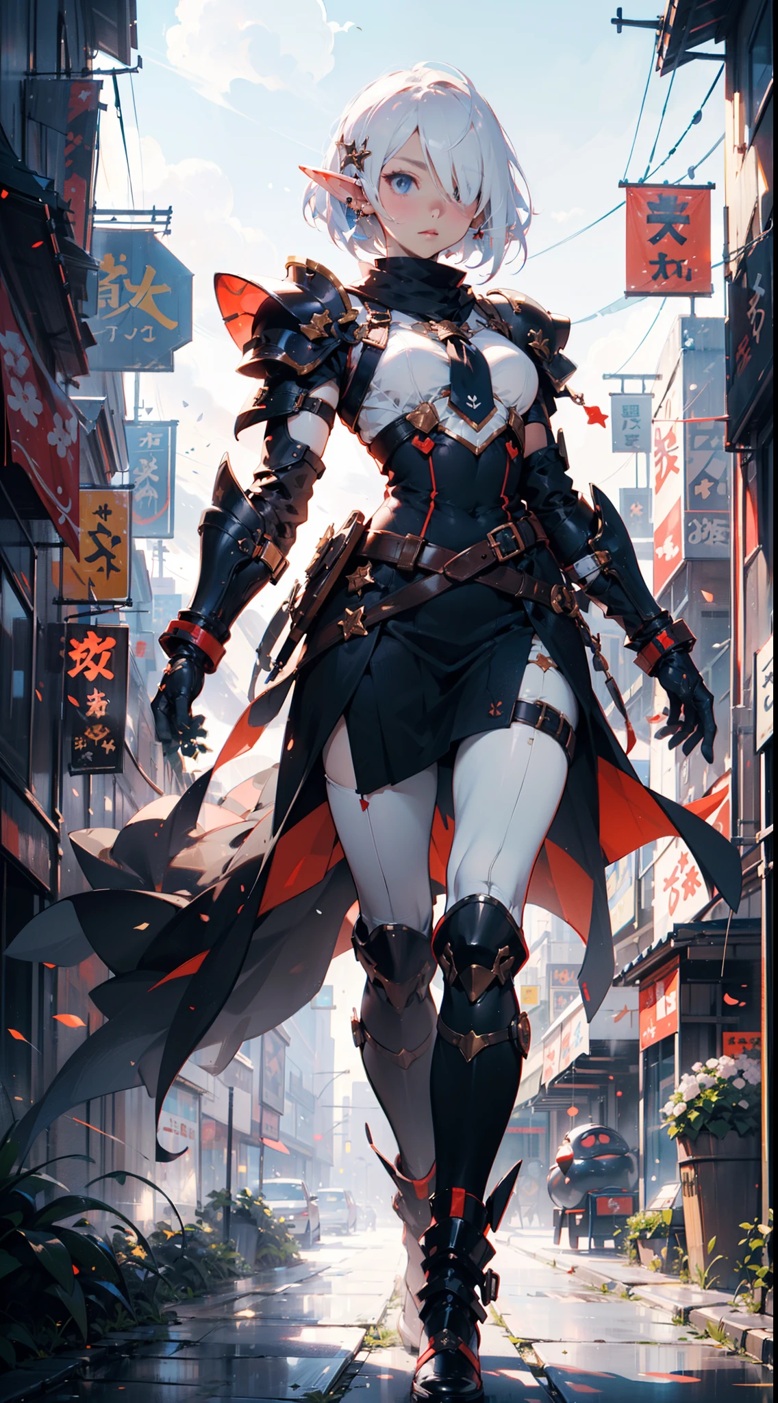 (((masterpiece, best quality))),  (elf), (1girl), solo,  Bob cut hair, parted bangs, (hair over one eye), white hair，(beautiful detailed face:1.2), ((white light armor))，big breast,  long black glovelack pantyhoses，Handsome standing with white boots, art style by Artgerm, by Kawacy, By Yusuke Murata