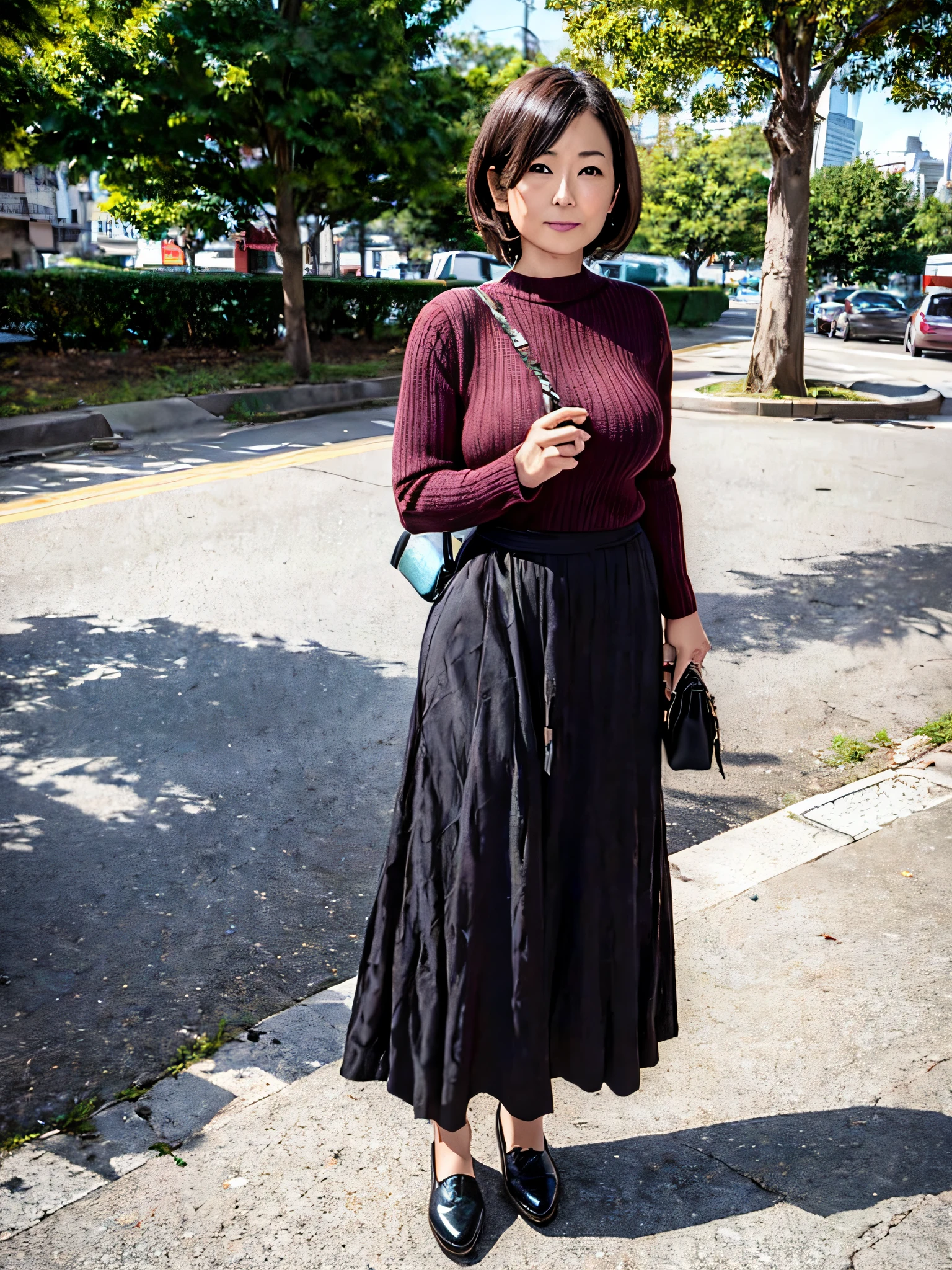 One woman wearing a knit and a skirt, Waiting for me on the sidewalk in front of the park, just one handbag, .45 years old. A woman similar to Hitomi Kuroki, Has big breasts of J cup. .Bewitching look.Short hair,Dress in a relaxed atmosphere,staring directly at camera