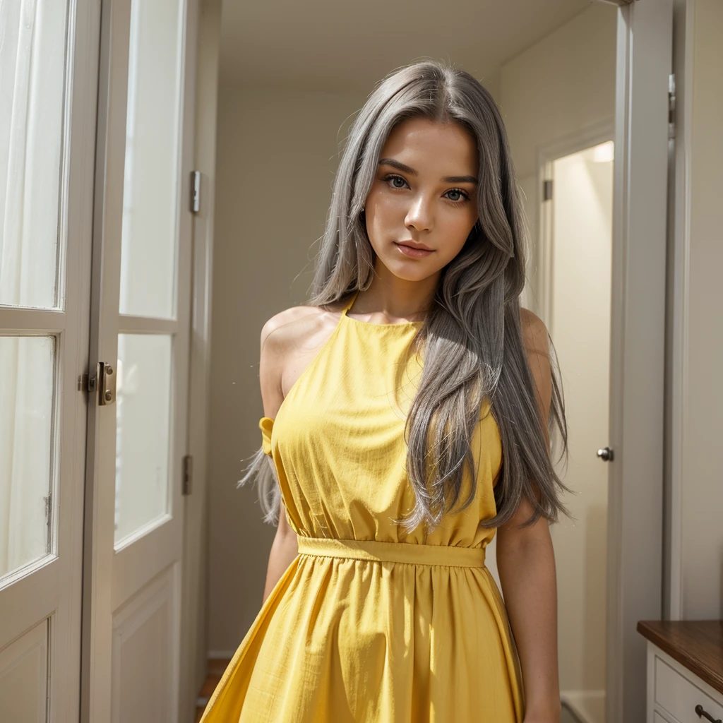 woman with long gray hair  , , so photo of a beautiful woman, high quality portrait, beautiful girl model, single person only,  best  pose yellow dress, in morning vibe