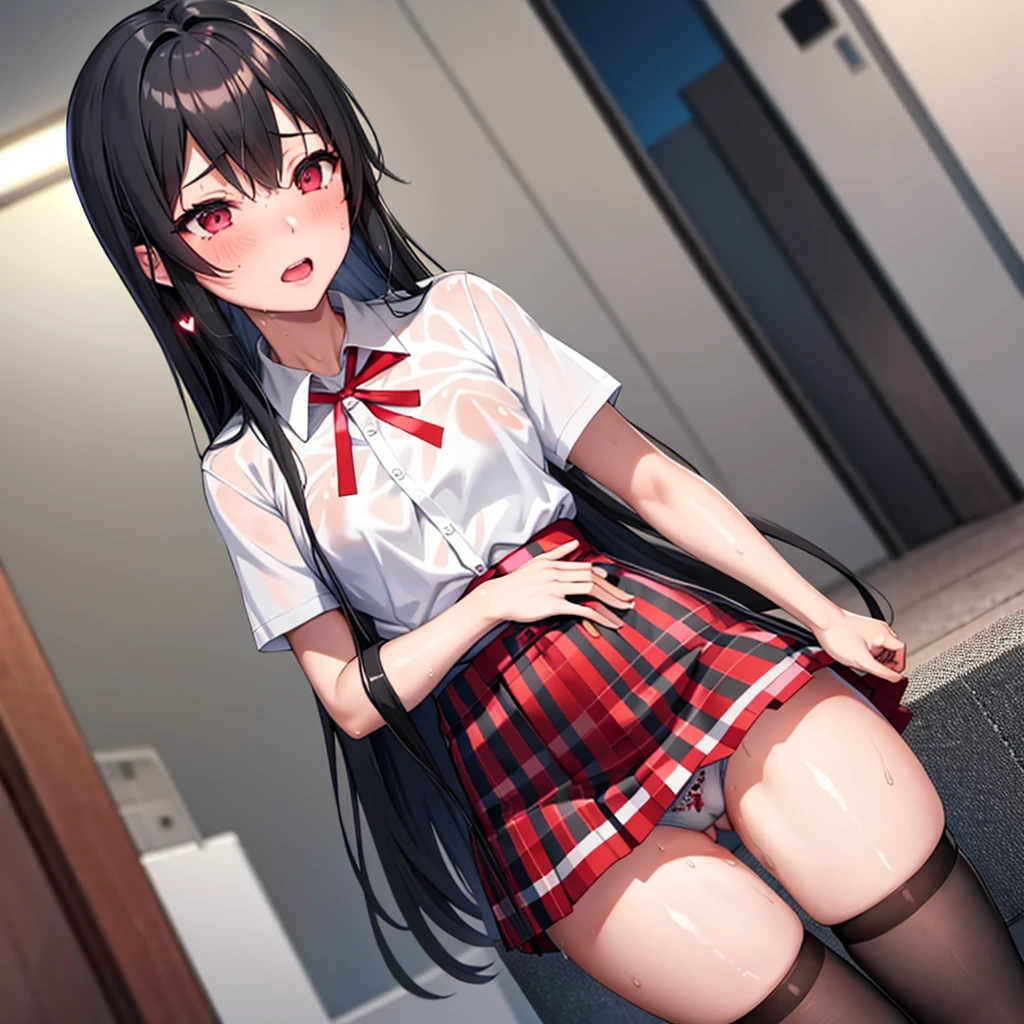 (realistic:1), 1girl as yukino yukinoshita, solo, best quality, beautifully detailed face, ray tracing, DOF, HDR, (evil base:1), (small breasts:1.1), school uniform, waist long black hair, (twintails:0.5), (black thighhigh socks:1.1), loose red ribbon, unbuttoned white shirt, (wet lingerie:1.1), (barcode printed on thighs:1.1), (glowing pubic heart tattoo:1.1), (motion blur:1.1), (trembling motion lines:1.1), (female orgasm:1.1), (tear drops:1), (ahegao:1.1), (neuron inside head:1.1),(mind control:1.1), (sweat:1), (wet hair:1.1), (nsfw:0.8), (wet panties:1.1), monitors, laser pointers, holographic