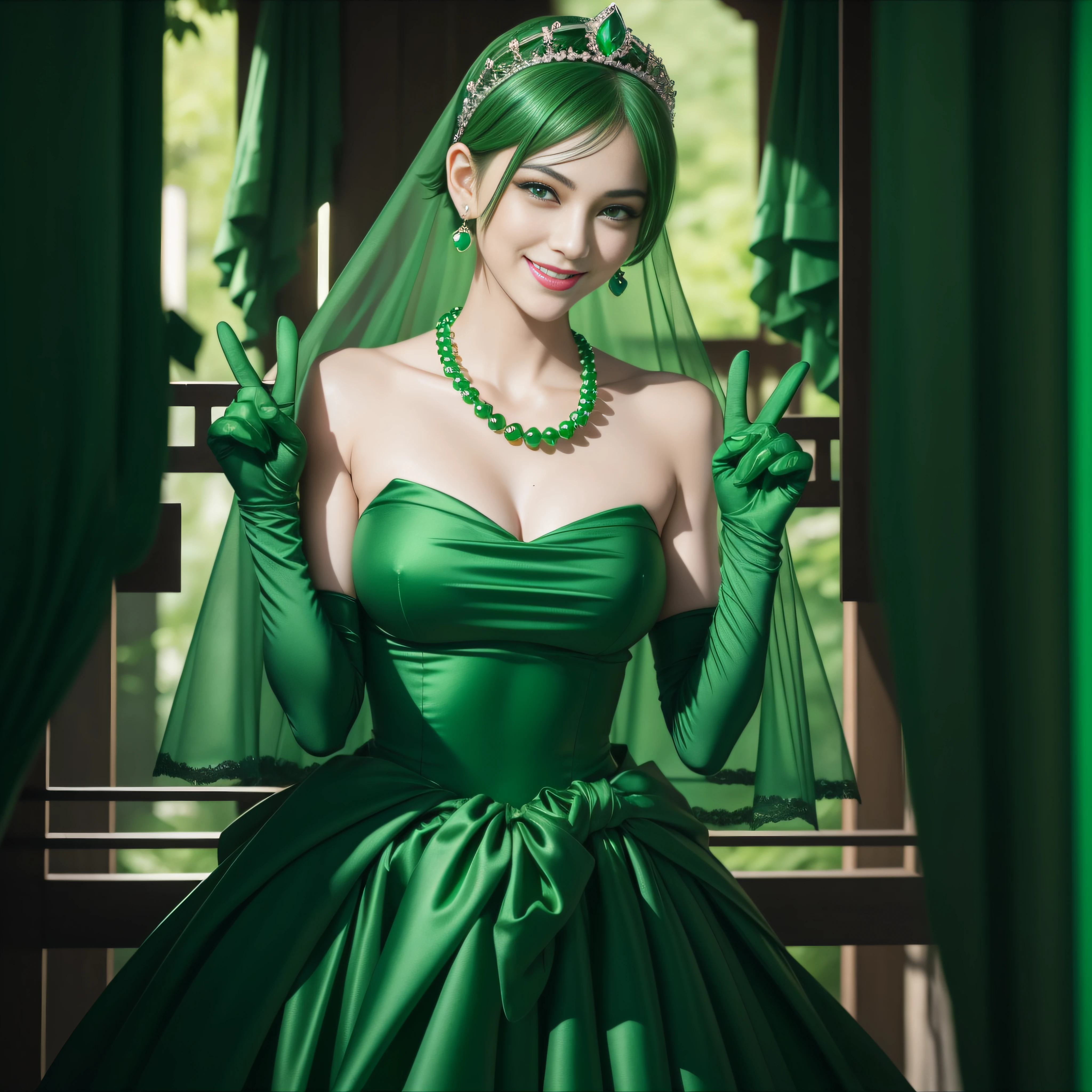 emerald tiara, Green Pearl Necklace, Boyish very short green hair, lipsticks, Japan woman smiling, very short short hair, big breasts beautiful, Green eyes, Long green gloves made of satin material, Green eyes, Emerald Earrings, green vale, v sign