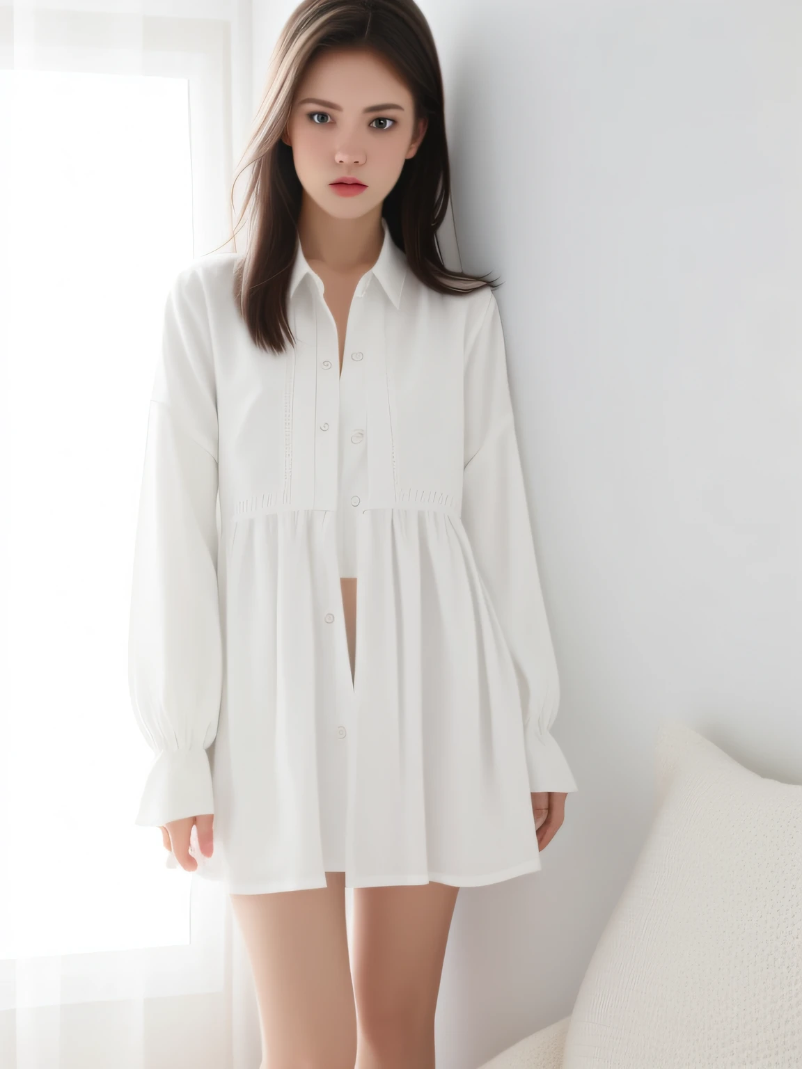 white furious girl in white room