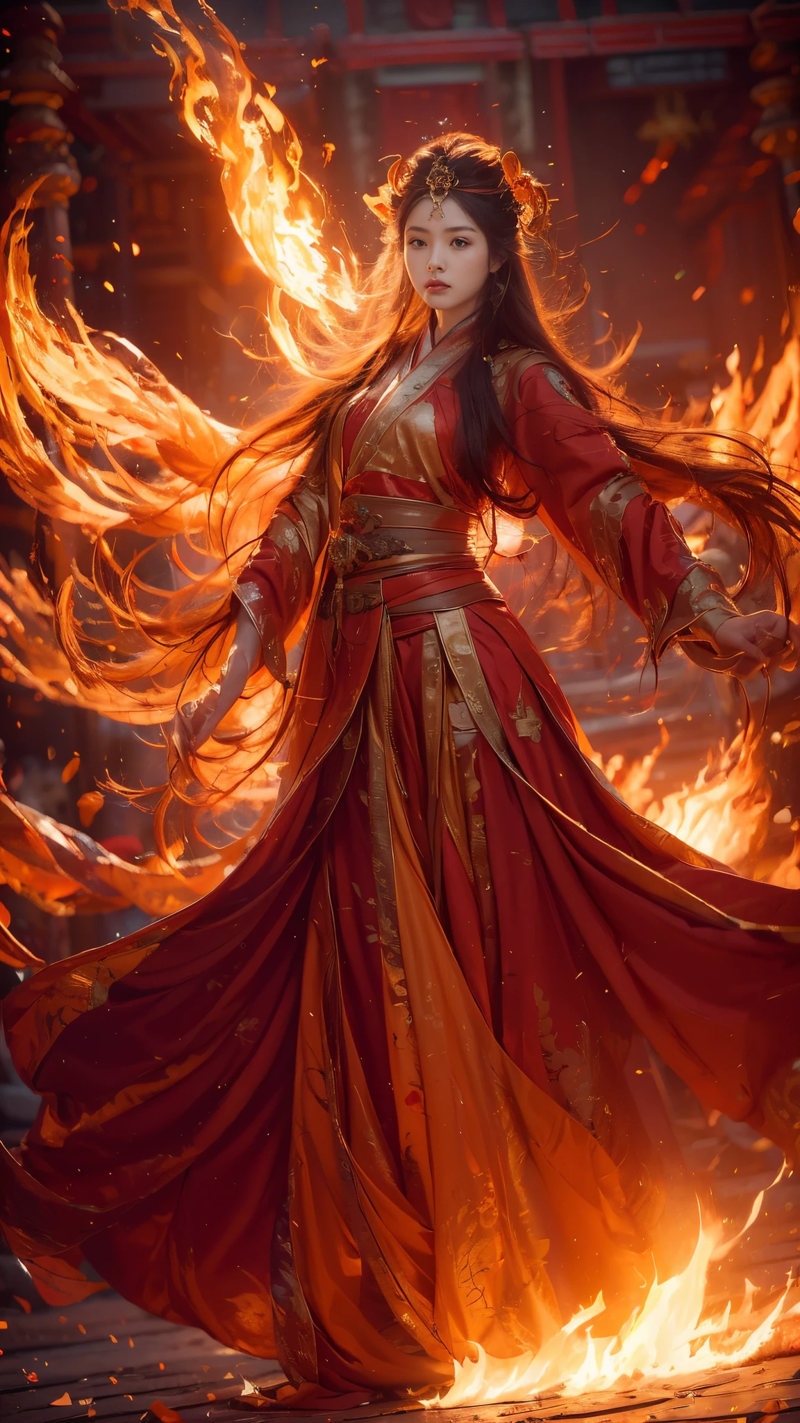(Full body portrait), 1girll,(((very cute girl, 18 years old, half chinese and korean girl, white skin, high detailed face,slim face, v-shape face))), Flame mage dressed in fiery red(Chinese Hanfu), The robe was embroidered with intricate runes and ornamentudes a burning breath, He was tall and strong,Hands up,Powerful fire spells are being unleashed, His eyes were firm and sharp,A flash of fire flashed in his eyeehind the Flame Mage,(Phoenix on top of photo, Burning phoenix),(A huge flame phoenix spread its wings and flew:1.2),(The feathers of the phoenix burned with roaring flames), It shines brightly,Its body is surrounded by flamelame feathers danced,Form a spectacular flaming six-pointed star array pattern,Full of mysterious magic,The whole scene is full of fiery aura and passion for fighting,Large areas of flame spells bloomed in the air,A brilliant arc of flame and flying sparks formed,(Flame Mage and Phoenix),It appears majestic and mysterious in the midst of raging fires,Like the embodiment of fire and magic,red hair,high detal,ultra-realistic realism,Verism,((Bust photo)),(real photograph:1.4),(lightand shade contrast),cinmatic lighting,Realistic special effects,rendering by octane,Ray traching,in a panoramic view,angle of view,textureskin,super detailing,hyper HD,tmasterpiece,anatomy correct,best qualtiy,A high resolution,8K