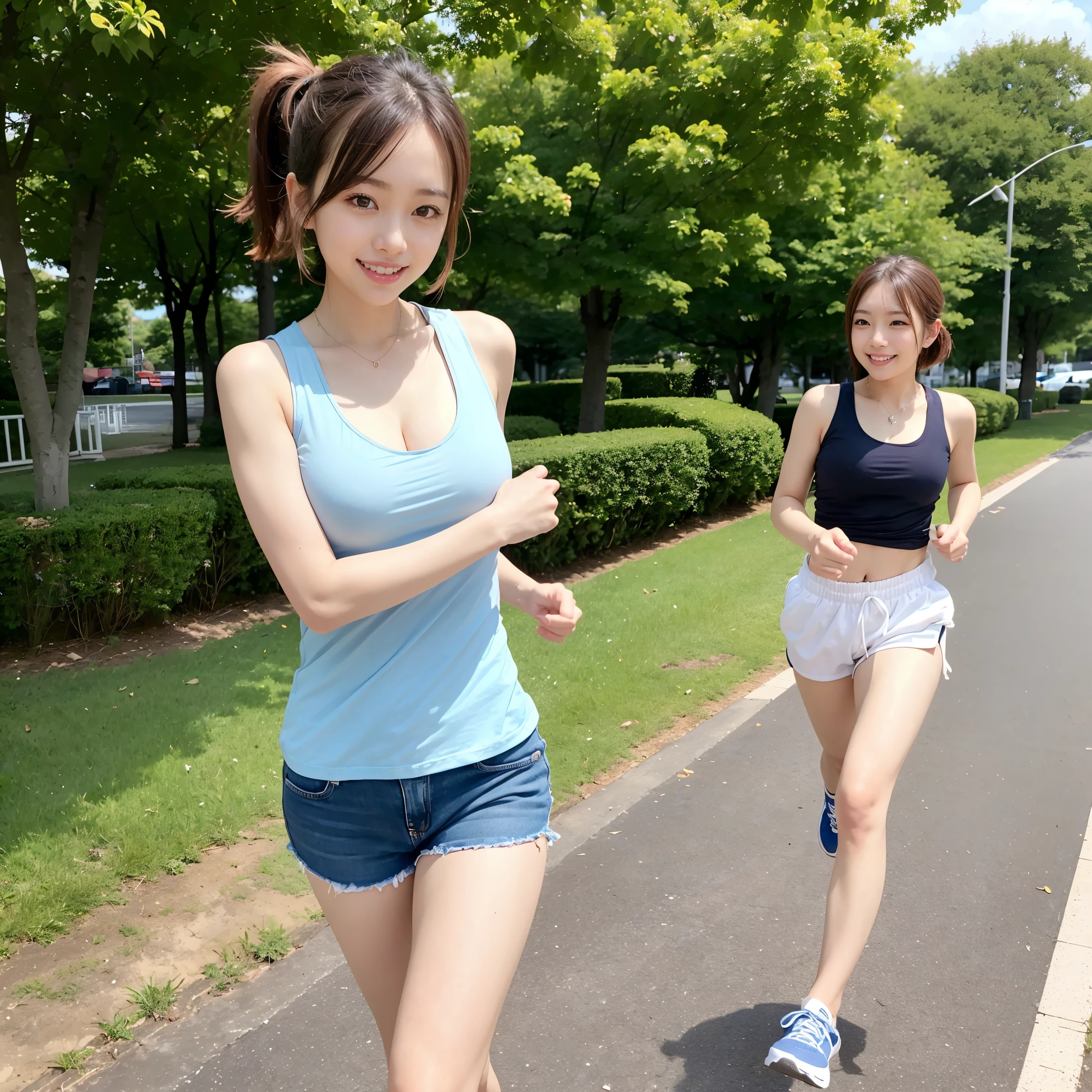 【「​masterpiece」「Top image quality」「Ultra-dense CG」「Unity 8k壁纸」「Cinematographic lighting」】、Beautiful girl in the park by the sea。The girl was running in the park、Looks amazingly cute with a smile。She has a golden blonde short bob hairstyle、blue eyess、二重まぶた、And she has long eyelashes She has long limbs、white tank tops、Distressed denim shorts、cleavage of the breast、And I&#39;m wearing blue running shoes。She strikes an active pose while running along the park path。