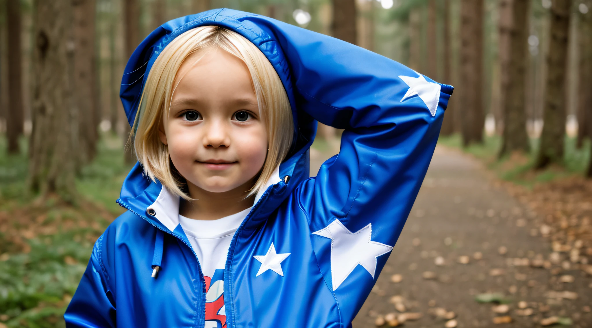 BLONDE CHILD WITH JACKET, AZUL COM ESTRELAS BRANCAS NA JAQUETA.