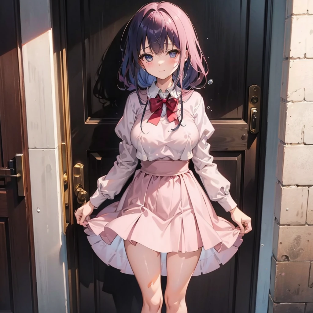 Rose pink uniform inspired by Anna Millers, cute girl clerk, A cute smile that seems a little shy, leaning down, Bustier style rose pink dress&#39;Do not hide your chest, Soft breasts of about C cup size, Rose pink fluttering mini skirt, White knee-high socks, and draw the full body, unwear, Be undress, she stands on one leg、Take off your panties up to your thighs., Inside of a large Western-style coffee shop, Her uniform is a little disheveled and her breasts are exposed..., Draw nipples,Her skirt is a little disarrayed and her crotch is visible...,draw the gap between the legs, Water droplets drip from the crotch, Moisten your thighs a little.