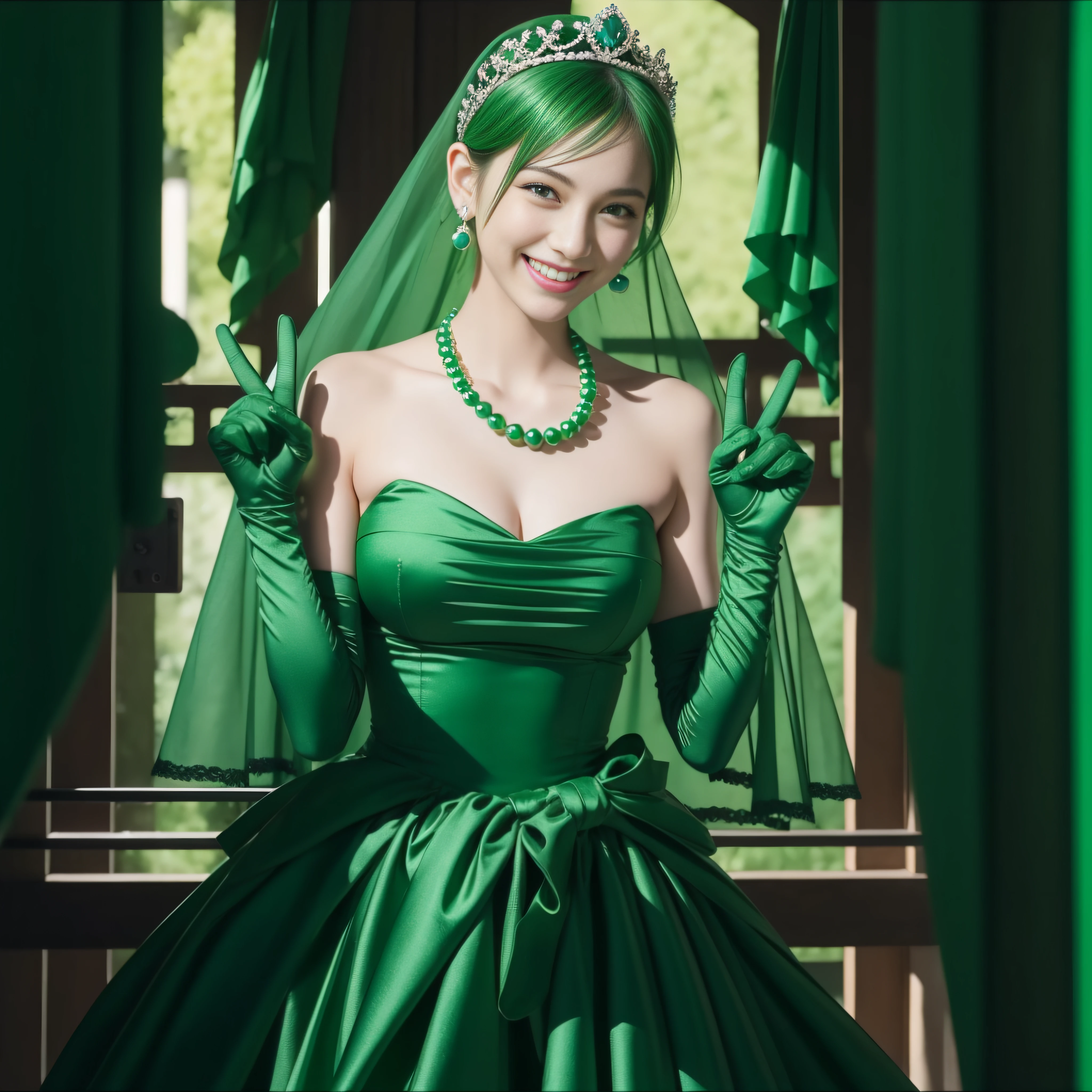 emerald tiara, Green Pearl Necklace, Boyish very short green hair, lipsticks, Japan woman smiling, very short short hair, big breasts beautiful, Green eyes, Long green gloves made of satin material, Green eyes, Emerald Earrings, green vale, v sign