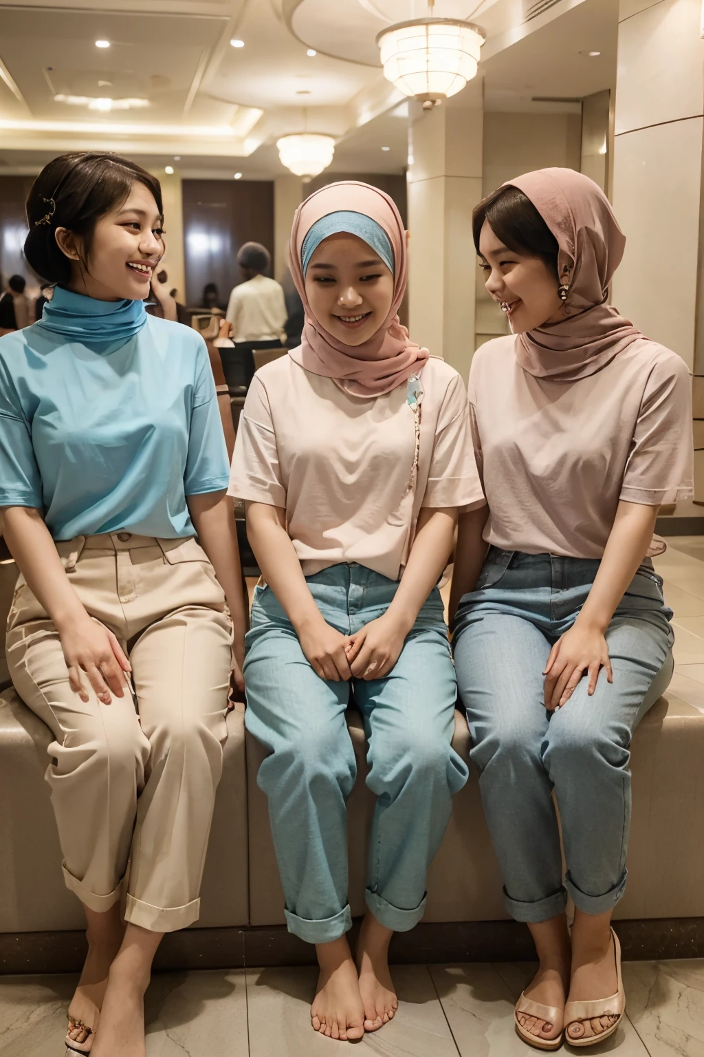 6 beautiful girl which is a white long wavy hair girl, a korean girl, a short pixie haircut girl, a malay girl with hijab, they are wearing pastel color small shirt and pants seating in hotel lobby chatting and laughing, happy, nighttime, beautiful girl, professional lighting, professional photography, front view, group photography,