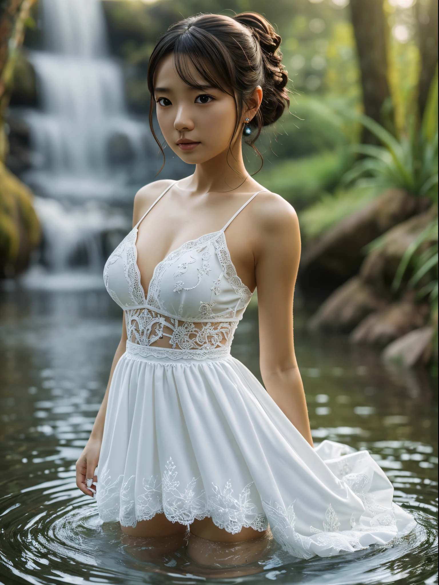 Photorealistic, ultra realistic, 4k, 1girl, solo, anime girl, hinata hyuga, wearing white dress, bare shoulders, beautiful face, perfect face, (masterpiece:1.2), looking at viewer, standing on water, wet body, (((hands perfect))), very delicate, smooth, intricate detailed, intricate detailed face and eyes, high quality, high resolution, hd quality --auto --s2