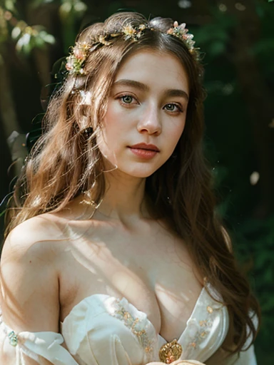 beautiful detailed girl, dressed like a princess, flowing princess dress, intricate crown, sparkling jewelry,symetrical face,enchanting smile,breast like aplle,White skin,amber eyes,Red glow lips, graceful posture, surrounded by blooming flowers, magical atmosphere, soft sunlight, vibrant colors, ethereal background, artistic painting style, fairytale theme。(best quality, highres, ultra-detailed), (realistic:1.37), (portraits, fantasy), (soft, diffused lighting),( full body )