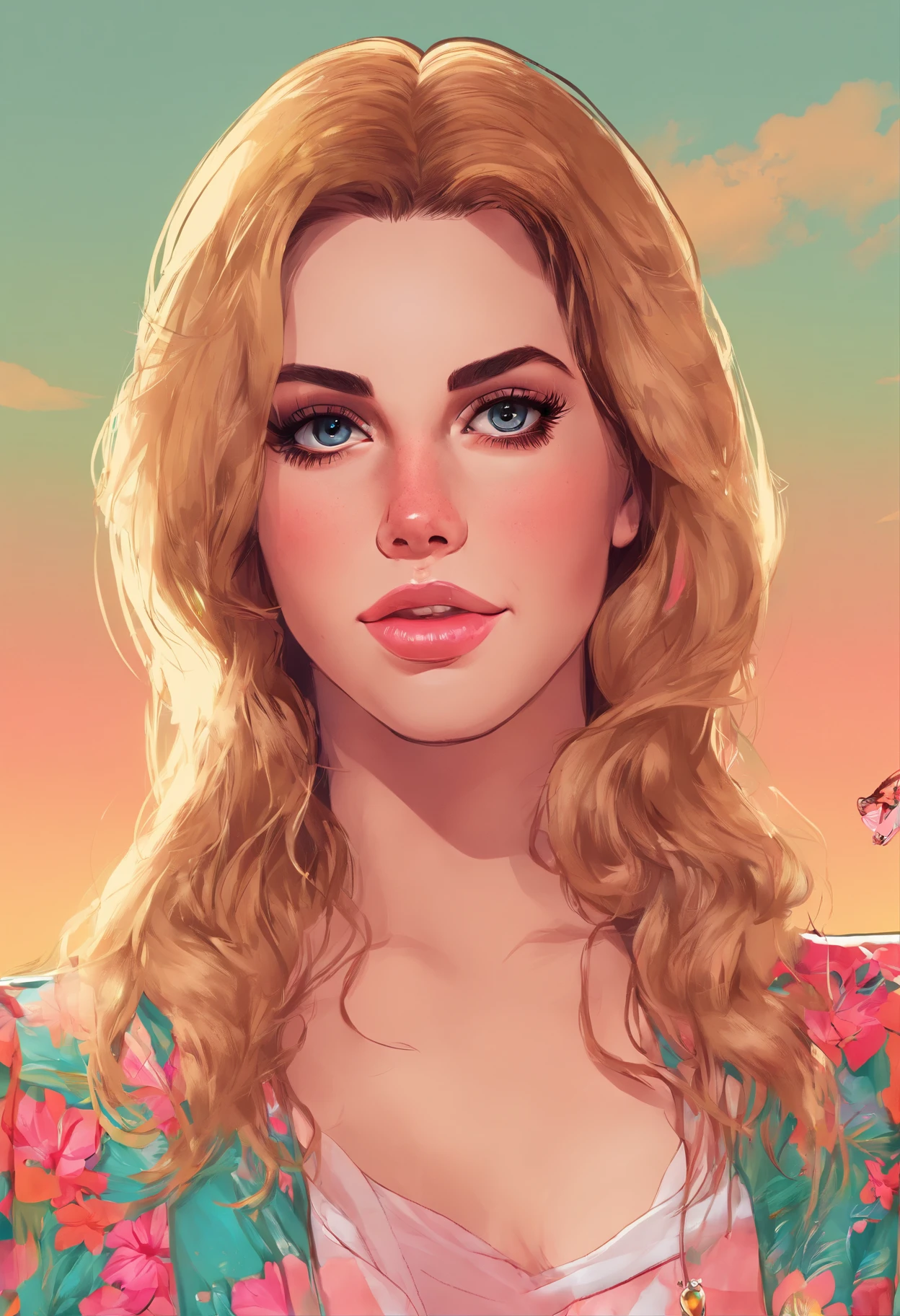 Lana Del Rey, (melhor qualidade,ultra detalhado,realista:1.37),female ,quadris largos, seios grandes, salto alto, vivid colors, beautiful Japan woman, Nice perfect face with soft skin, Small face with pink nose and lips, olhos bonitos, sorriso bonito. portanto, Fim, Longas, Beautiful hair bathed in a bright etheric glow. Fluffy Greige Gradient Highlight Layer Medium Cute Hairstyle, Camisa de Gola de Banda da Marinha