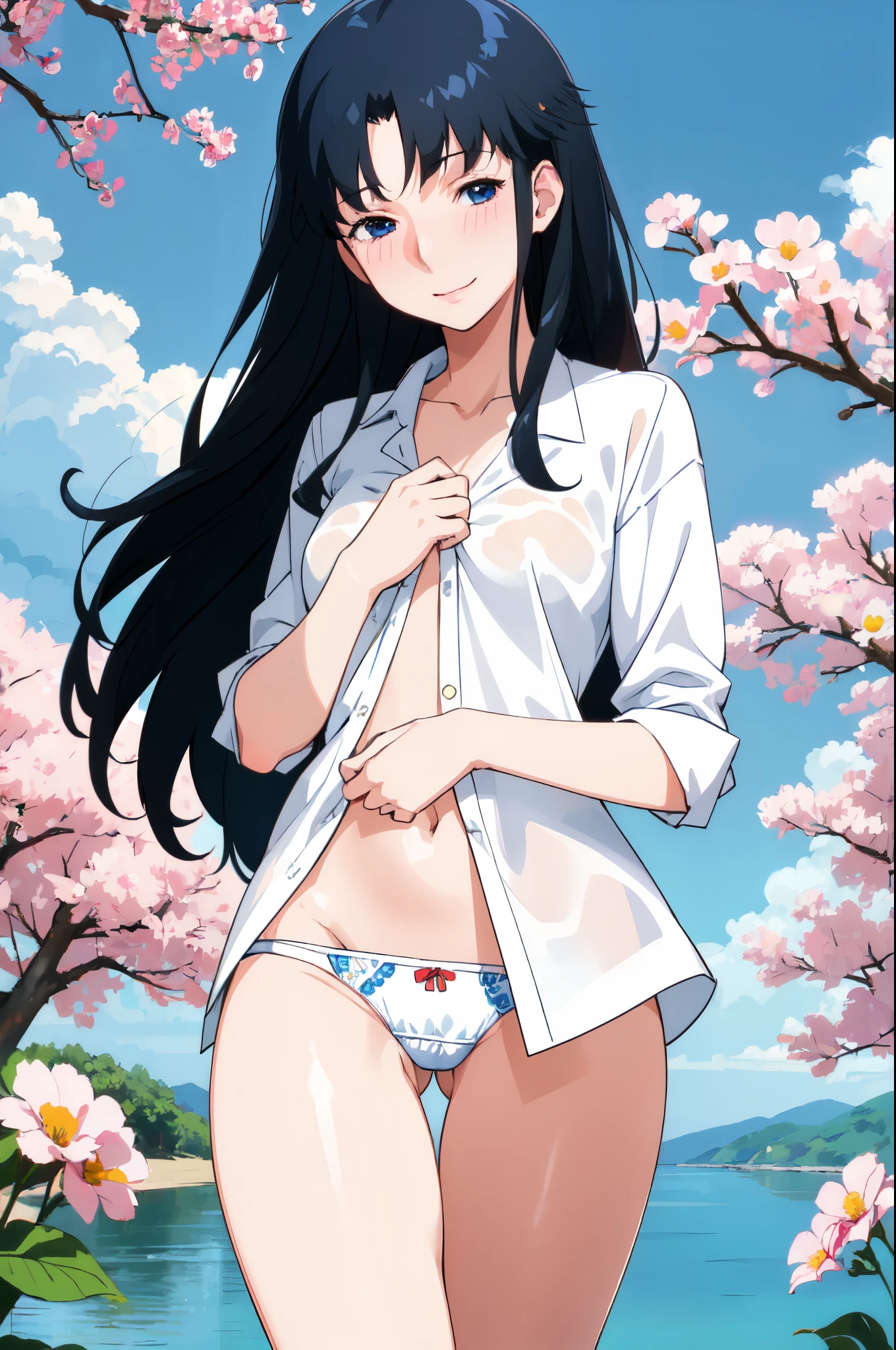 (masterpiece, best quality:1.2), solo, 1girl, fujiwara aya, black hair, shiny dark blue eyes, blush, looking at viewer, outside, park, flowers, white shirt, white cotton panties, middle chest, bare legs, embarrassed, cowboy shot, close up crotch, smile