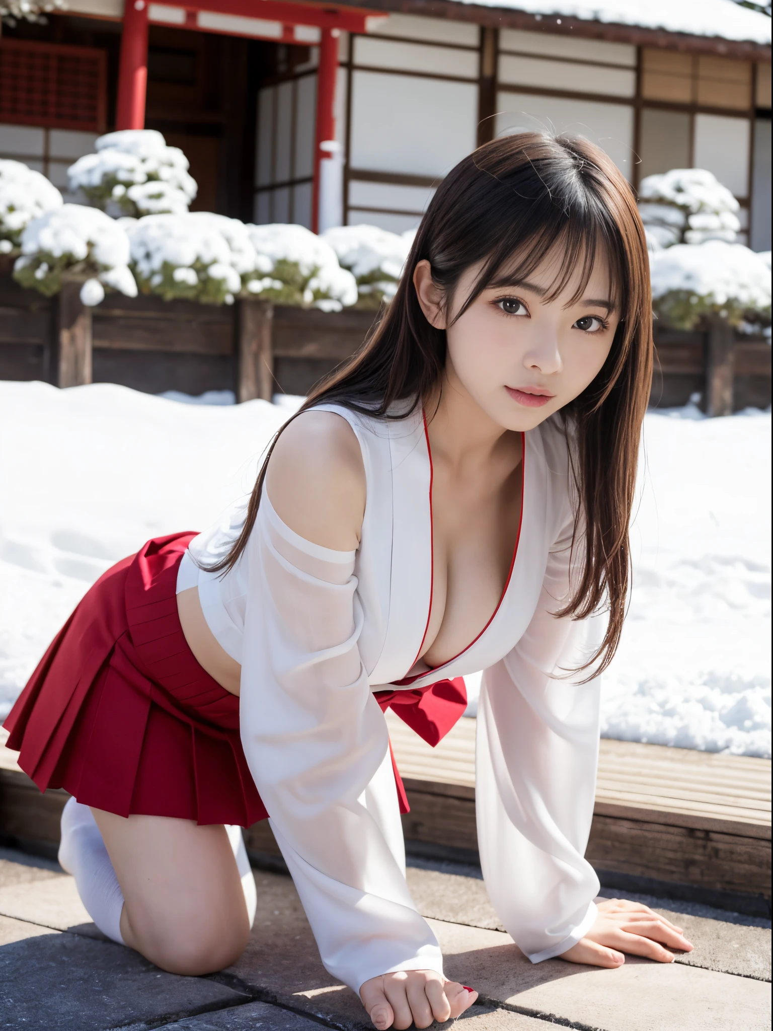 A woman wearing a red skirt and white shirt takes a photo, japanese girl school uniform, hakama kimono, Japan school uniform,  A Japanese style, Red kimono, Japanese style, traditional japanese, Wearing Hakama, japanese kimono,Winter landscape on background,Background inside the house ，Ultra-high image quality，No bra，feet visible ，You can see the valley ，cleavage of the breast ，Furisode ，Wide sleeves ，shrine maiden clothe ，shoulders can be seen ，Shoulder skin is visible ，Shoulders exposed  、hyperdetailed body(Moderately breasts)、super-detaild skin　、breastsout 、Transparent、(undergarment)、see -through、(Winter scene)、Balance Diagram:1.2、A sexy、lesbian、(Touch each other)、(Take it off)、Undress each other、Exposed shoulders、Chest exposed、pushed、(Embarrassed look)、embarassed expression、 Seduction Pose、(Be undress)、((Spread your legs wide))、Opening legs、a miniskirt、I see underwear、(((toppless)))、all-fours、Clothes are disheveled、Posture on all fours、Taking off your skirt、(i am wearing tabi socks)、(Pants are white)、Sheer nipples、Knees and hands on the ground、all-fours、stick out buttocks、Thrust your butt up