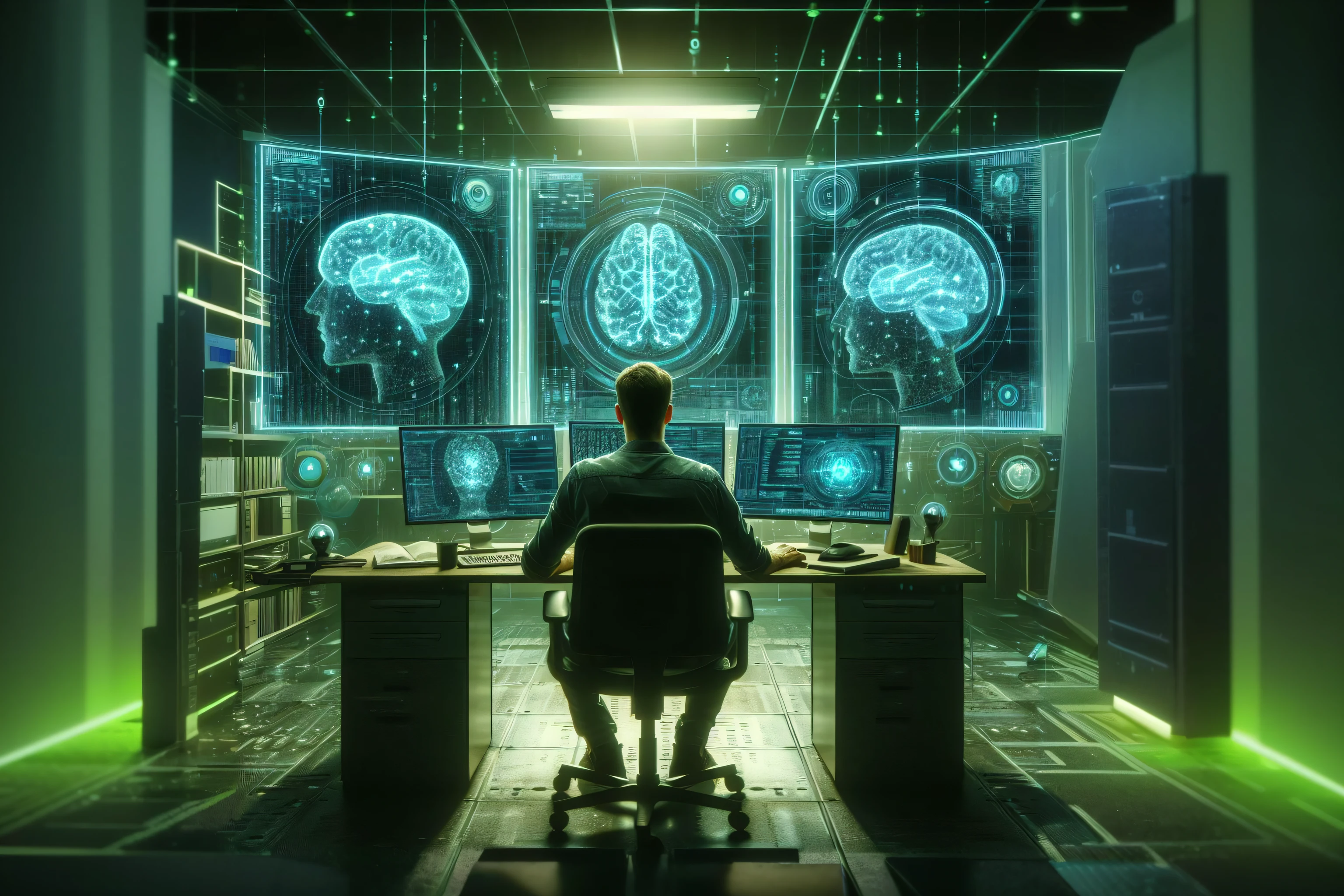 A laboratory with holograms with codes flying and various radar and spider web style graphics connecting, high-tech futuristic scenery, dramatic lights with green neon and shadows contrast.