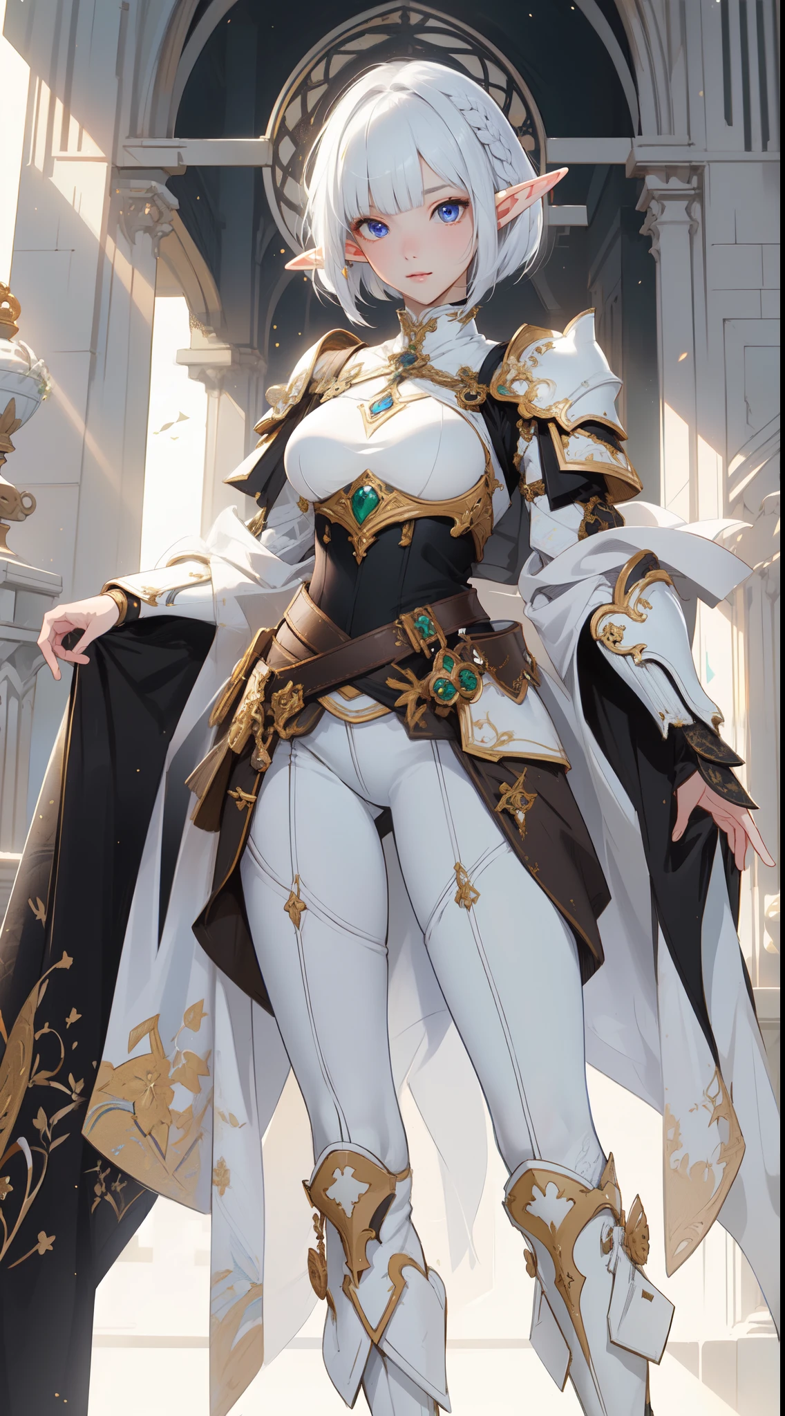 (((masterpiece, best quality))), (elf), (1girl), solo, Bob cut hair, Blunt bangs, (hair between eye), white hair,(beautiful detailed face:1.2), ((white light armor)),big breast, long black glovelack pantyhoses,Handsome standing with white boots, art style by Artgerm, by Kawacy, By Yusuke Murata