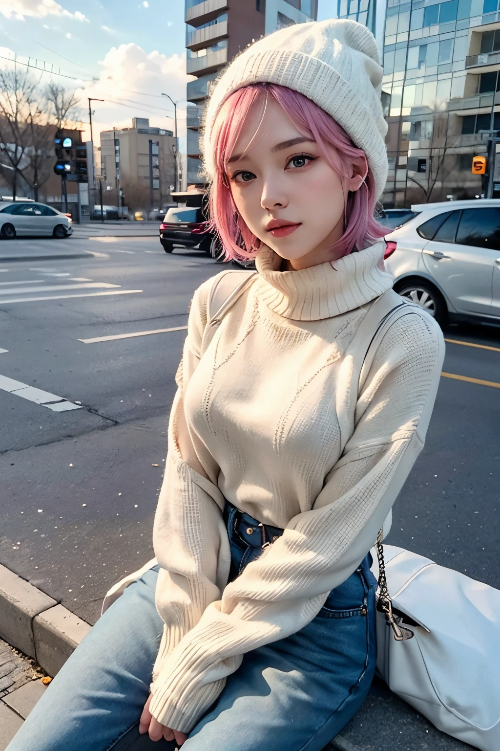 (8K, top-quality, masterpiece:1,2), (reallistic, Phot is orealsitic:1.37), Super Detail, One girl,), (Highly detailed), (beautifully detailed eyes), (of the highest quality), (super detailed ), (masterpiece), (Detailed face),20yr old, ,1 girl, full body, pink hair,Very short hair, medium breasts, clothed, Perfect Lighting,pussy and breast focus, looking at viewer, aroused face, naughty face, outdoors, evening, clouds, high rise buildings in background, industrial, public transportation, urban, buildings concrete, concrete, sidewalk, busy, trees, autumn, falling leaves, White sweater, knit cap, muffler, fluffy gloves, white breath, winter, snowing, winter clothes