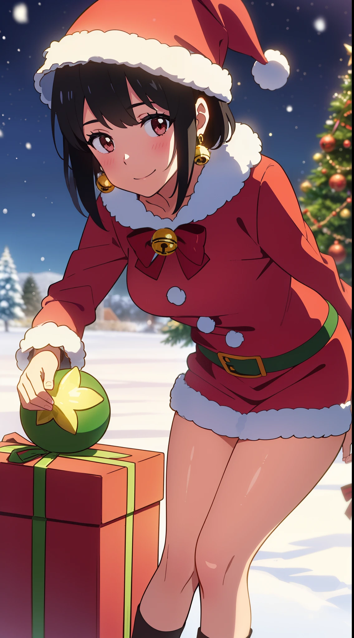 shinkai makoto, kimi no na wa., 1girl, bangs, black hair, blush, bright eyes, brown eyes, looking at the viewer, red bow, red headband, red ribbon, short hair, medium breasts, solo, outdoors, shiny skin, smile, happy, beautiful, parfect ???????, Christmas tree, Santa Claus costume, Sweet face, Red and Green Christmas Dresses, jingle bell earrings, candy cane stockings, Against the background of winter scenery, perfect hands, Santa Claus hat, snow, leaning forward, steam, day, cloud