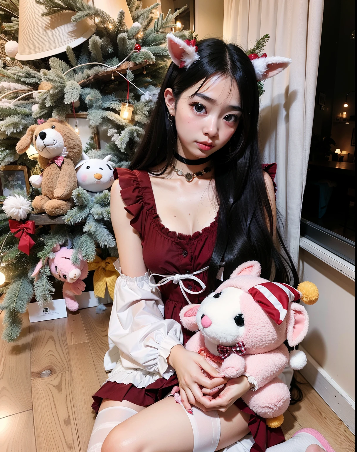 There's a woman sitting on the floor holding a stuffed animal, muito bonita gatinha fofa, Ulzzang, ultrarrealista doce coelhinho , Menina menina com o de gato, cruel korean goth girl, linda Delphine, 19-year-old girl, e 2K Cutecore Clowncore, cute fumo plush bunny girl