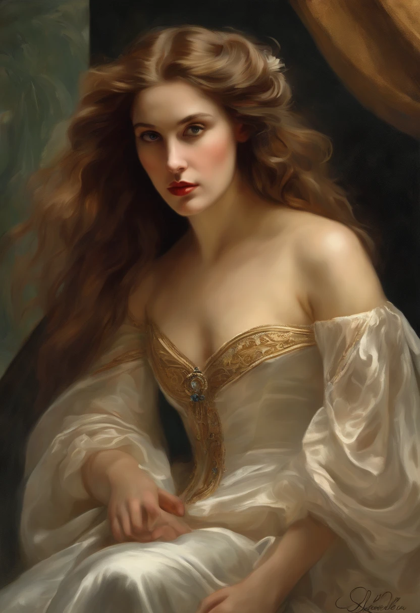Painting of a beautiful and sexy woman, ((with long medusa hair, falling over her shoulders)) and an embroidered dress, ((French courtesan, from the Victorian Era, Isabelle Adjani)), wearing a low-cut dress and black embroidered corset, in the background of paris brothel, Bowater art style, baroque digital painting, renaissance digital painting, masterpiece! inspired by Franz Xaver Winterhalter, inspired by Friedrich von Amerling, Beautiful character painting, beautiful digital painting, inspired by Thomas Lawrence, Beautiful yywater painting, refraction, reflections, Mirrors, Prisms, sunlight, bright lights!! Intricate, elegant and highly detailed digital painting, art station, concept art, soft and sharp focus, illustration, art by ( ( ( ( Artgerm ) ) ) ) and ( Greg Rutkowski )! and (((Alphonse Mucha))), eyes reflecting in eyes reflecting to infinity