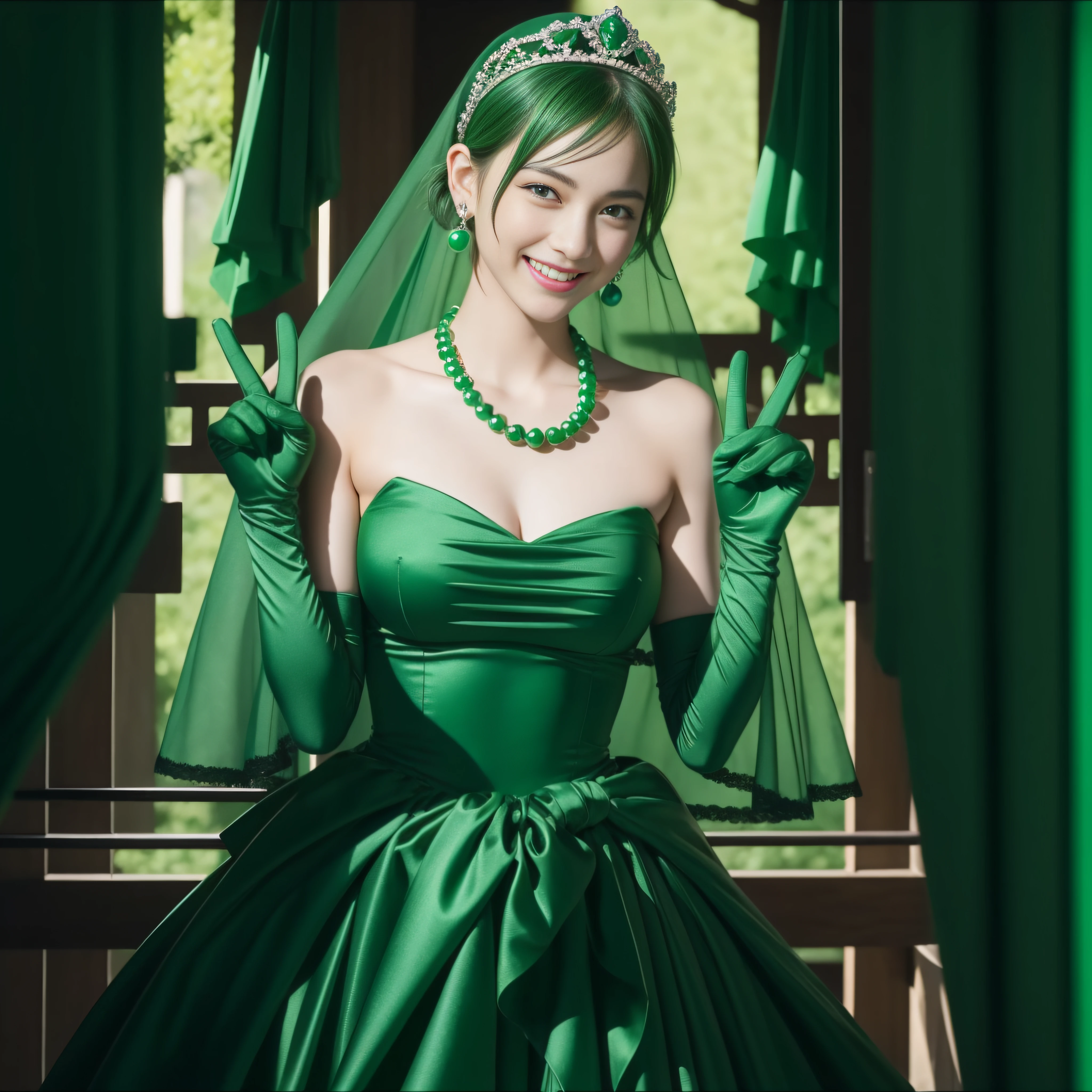 emerald tiara, Green Pearl Necklace, Boyish very short green hair, lipsticks, Japan woman smiling, very short short hair, big breasts beautiful, Green eyes, Long green gloves made of satin material, Green eyes, Emerald Earrings, green vale, v sign