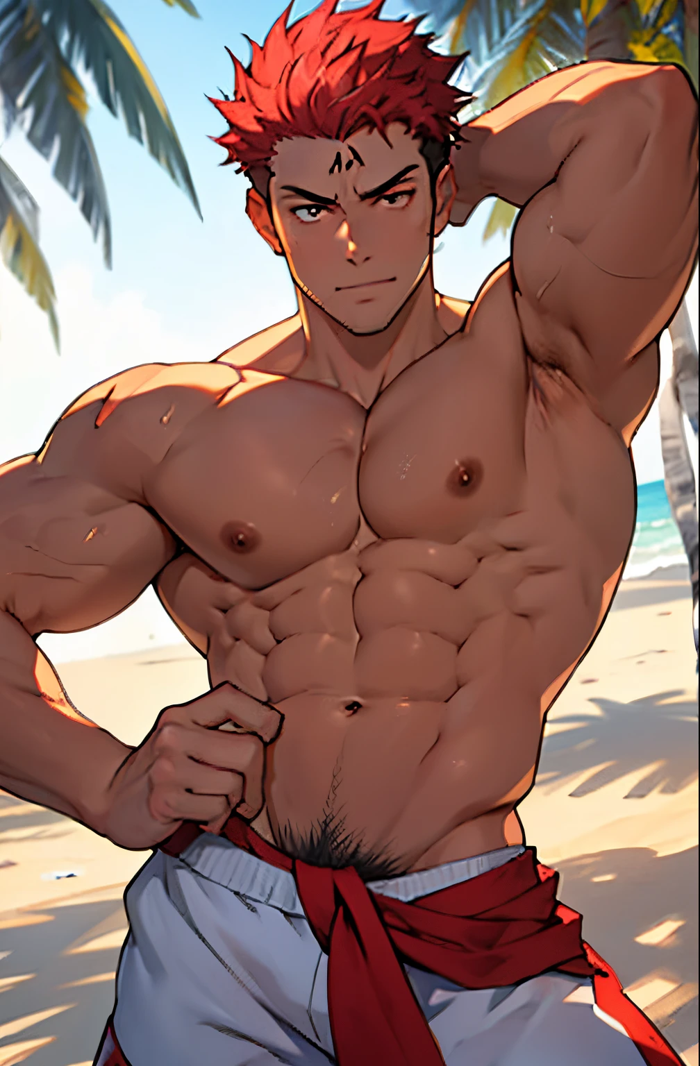 a mais alta qualidade, 8k, image high resolution, Detailed strokes, on a beautiful beach with crystal clear waters ,sentado na areia da praia, muito sol, 夏天 , muito calor, flexing your muscles , pose sexy, adolecente, red hair, sem a camisa , masculo, Peito inchado , Suado, vestindo shorts molhados quase transparentes, (angulo de baixo), (angulo perto) , Virilha Saliente, hands touching your crotch, muscular body on display , Espalhe as pernas, pernas definidas, defined arms, abdome definido, Sem camisa, corpo Suado por causa do calor, lindo corpo musculoso e definido , corpo detalhado