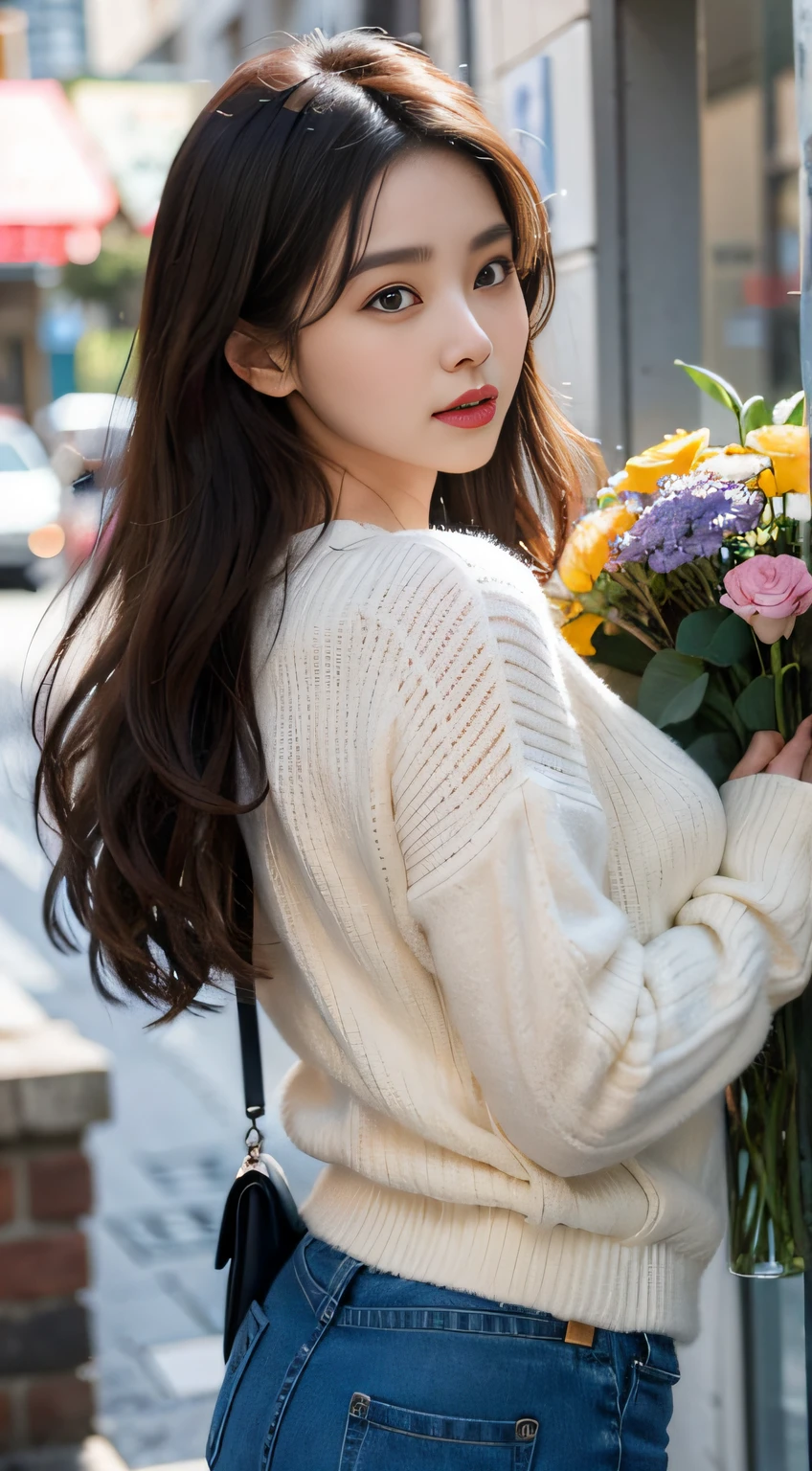 Couple wearing white sweater and jeans woman holding bouquet, gorgeous young korean woman, beautiful young korean woman, Korean fashion model, beautiful Korean women, Lee Ji-eun, lee ji eun, Nam Jae-yeon, Cui Xianhua, Korean girls, long whitr hair, There are flowers, Bae Xiuzhi, Urzans