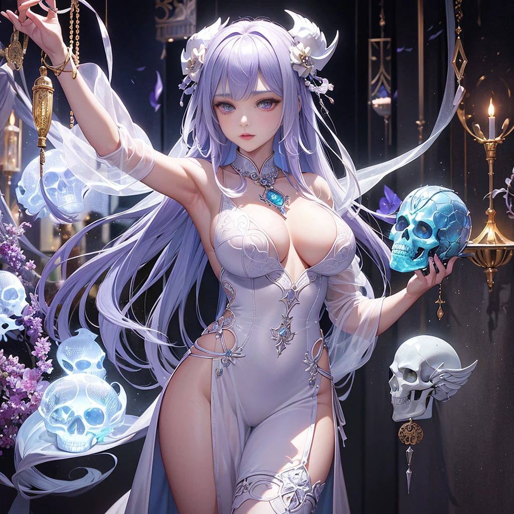 Sexy Transparent White Gold Low Cut Lace Armor Cleavage、Close-up of a woman holding a skull, head jewelry, Violet Necklace, Jade Belt , Show off your slender abs, Beautiful Fantasy Emperor&#39;s Fantasy Emperor Heavenly Magician, beautiful character painting, full-body xianxia, portrait knights of zodiac girl, by Yang J, G Liulian art style, Fantasy Art Style, foreshortening、skull embroidery