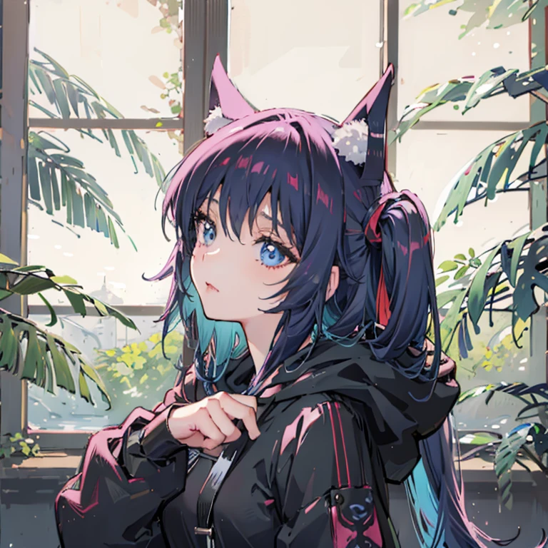 catgirl, 1girl in, Cat ears, ((Cute)), masutepiece, Best Quality, Perfect face, Hoodie, hoods, Looking Up, Two hands, Warm, window, Night, Long hoodie, close up, Digital Art, Anime style, Beautiful eyes, intimate, Detailed, Red Eyes,cute little,Kamimei,