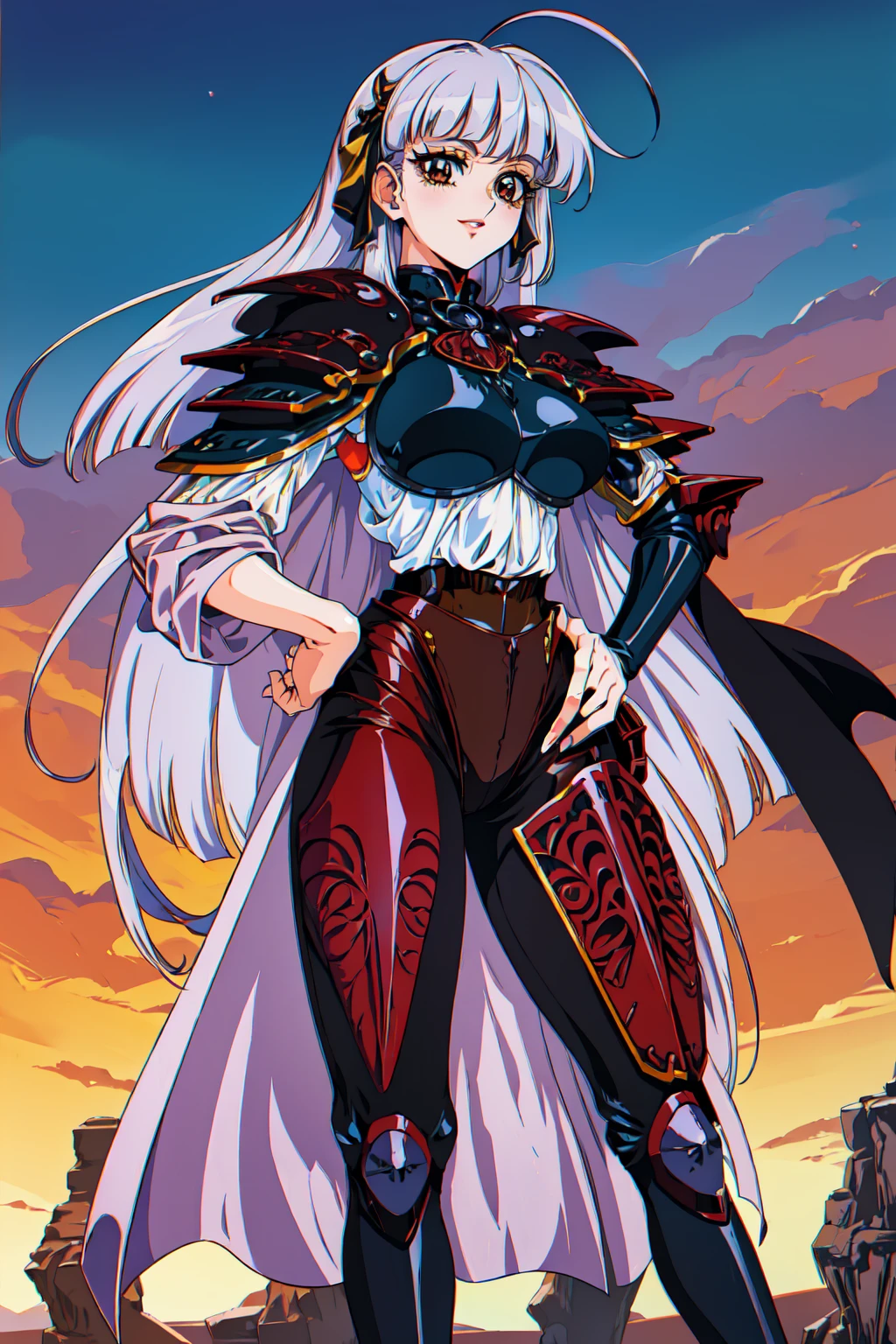 "(masterpiece:1.1), best quality,
1girl, (80s anime style:1.3), (eyelashes:1.5), (li:1.2),
(intricate high detailed body:1.2),
(silver hair:1.1), (blunt bangs:1.1), (long hair, straight hair:1.1), (hair ribbon:1.2),
brown eyes, (red lip stick:1.3),
(dark skin:1.2), (slim body:1.1), (gigantic breasts:1.1),
(grin:1.2),
(lace bikini armor:1.2),
(knight armor, armored boots, capelet:1.2), (suspenders:1.1), (ahoge:1.2), crystal necklace,
standing, hand on hip,
(upper body, cowboy shot, looking at viewer, from front:1.1),
(daytime, grassland, outdoors:1.1)"