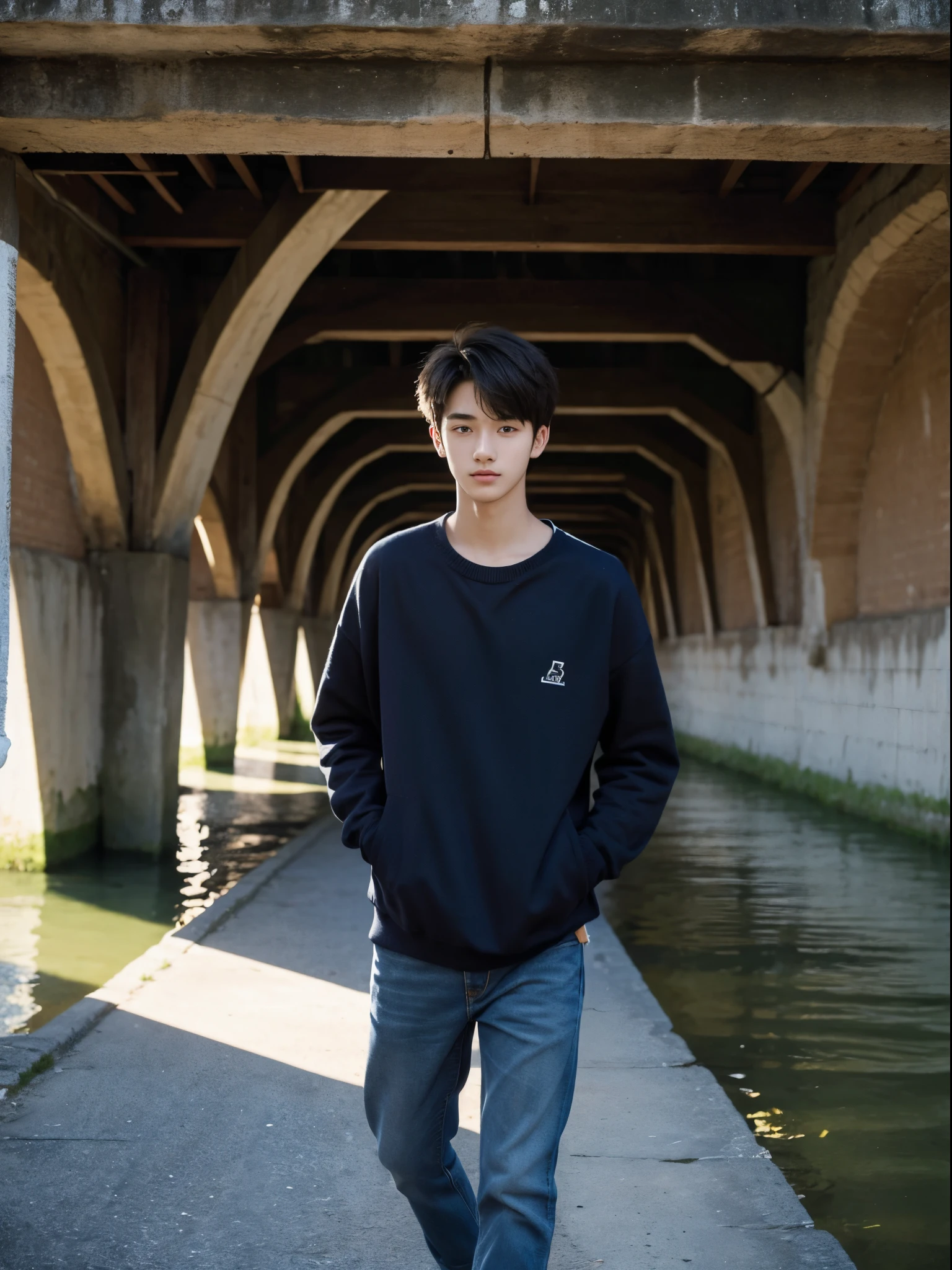 boy,  y.o, handsome, middle parted hair,    under the bridge
