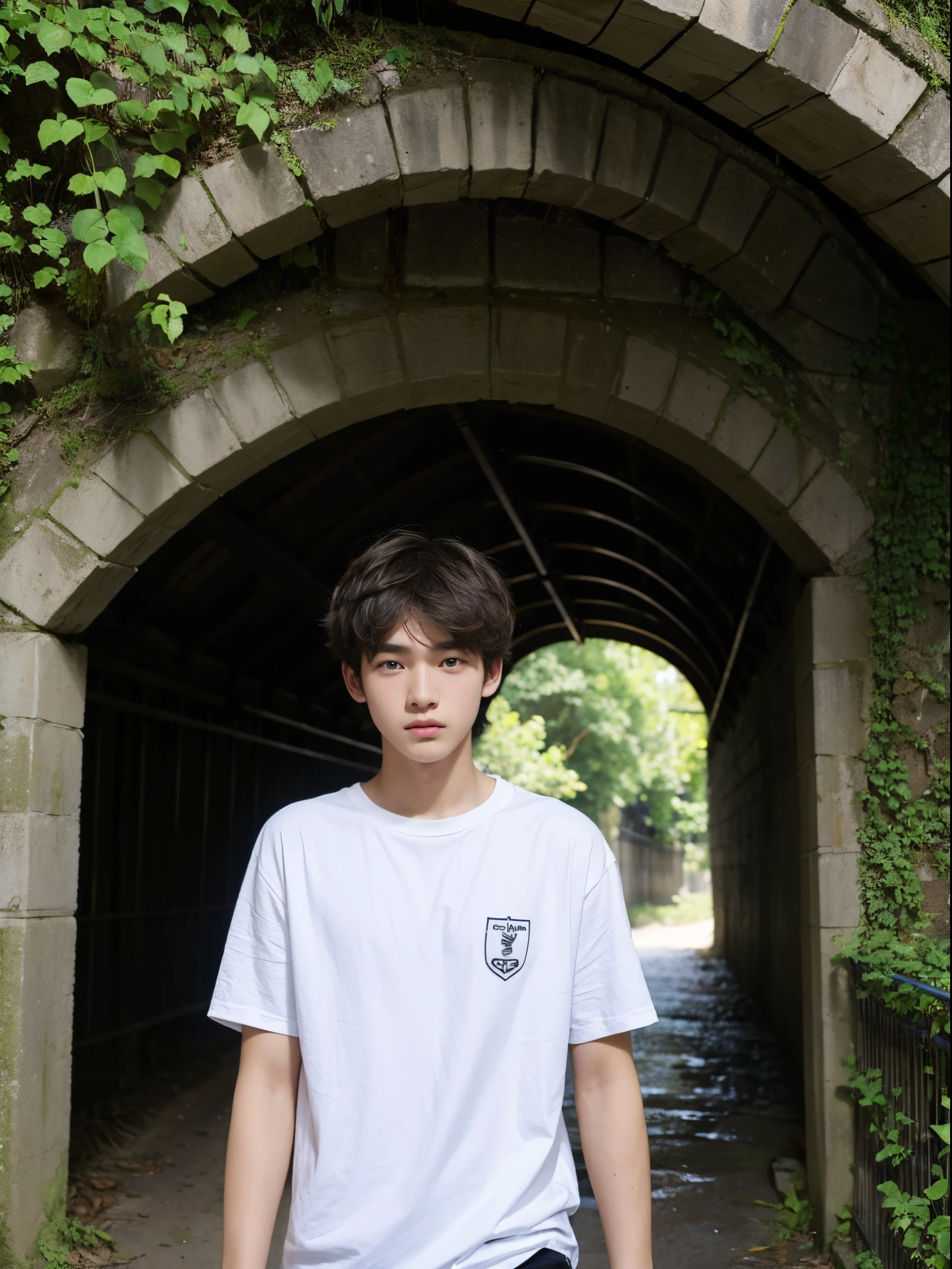 boy,  y.o, handsome, middle parted hair,    under the bridge