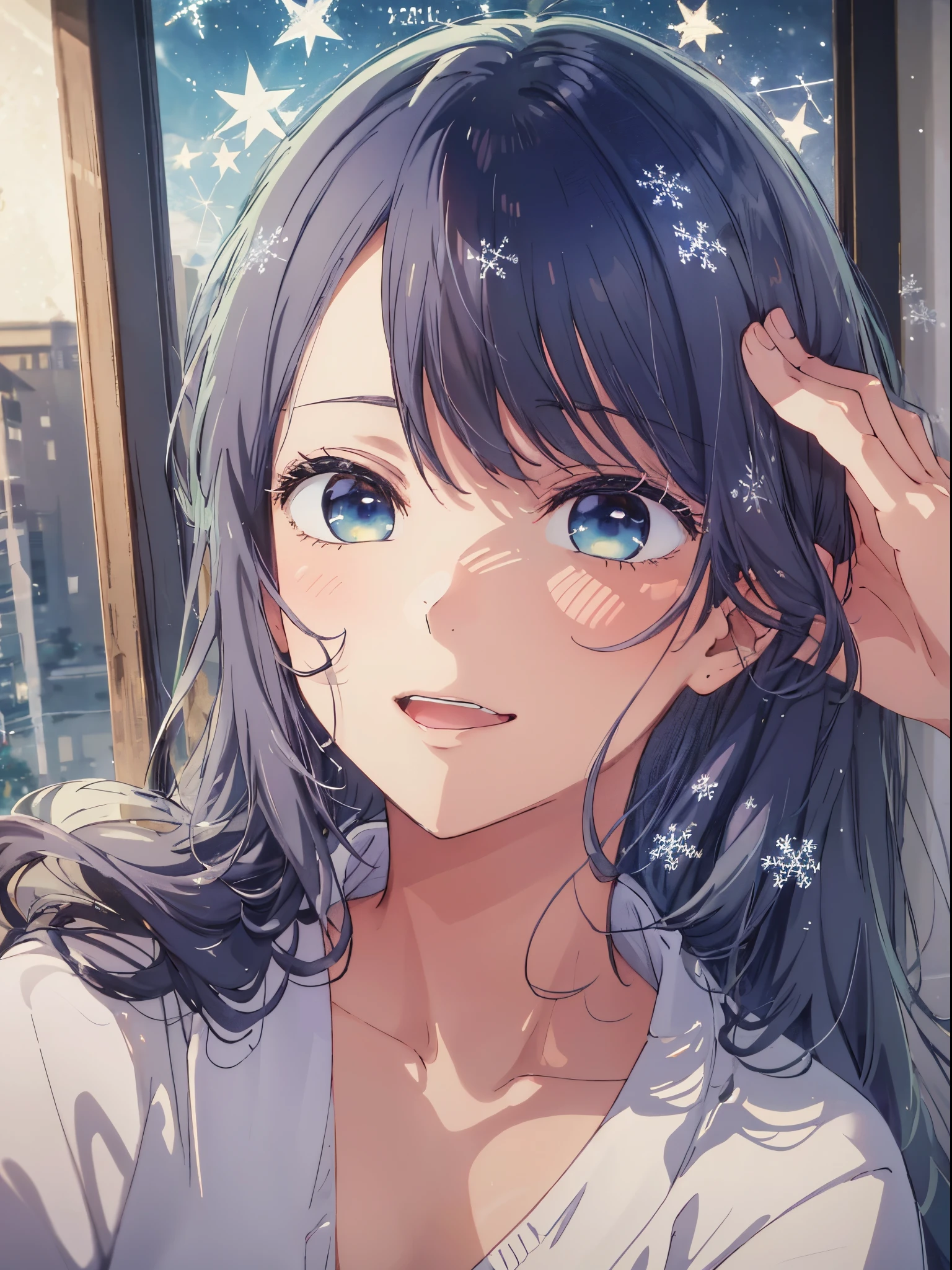 masterpiece、ighly detailed、(1 girl in:1.2)、big eye、(((a closeup)))、smil、(((anime styled)))、(((2D)))、Open your mouth、(((undergarment)))、(((Christmas)))、8K、