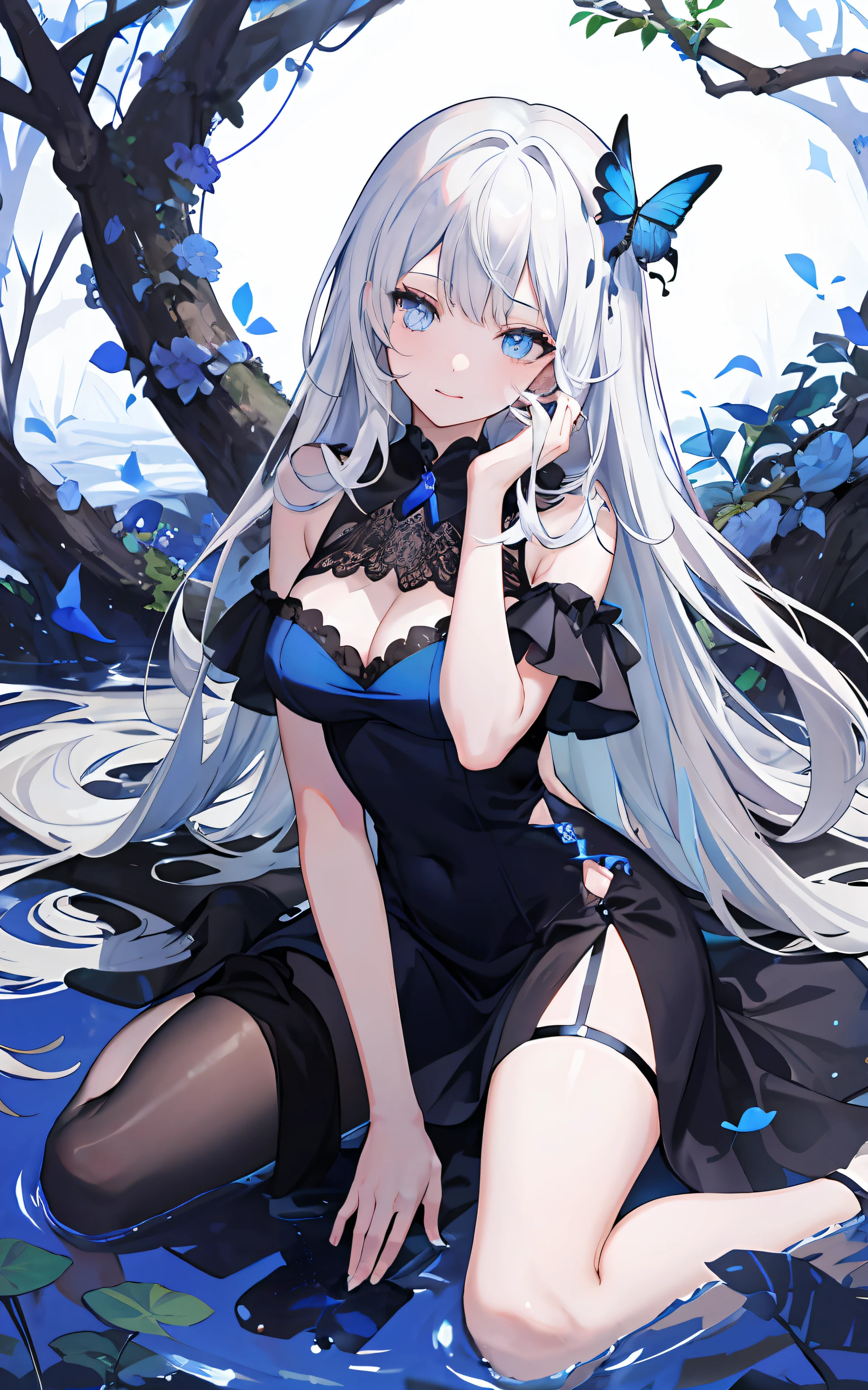 ((tmasterpiece:1.4,Best quality))+,(hyper-detailing)+,(Ultra-detailed eyes)+,
(Elegant 1 girl),blue color eyes:1.15),white color hair,Very long hair,(wariza:1.2),pale-skinned,close your mouth,grieves,
(She wore a dress made of entangled blue vines:1.5),(flatchest:1.2),(vine dress:1.4),(Dress made of vine:1.2),(Surrounded by vines:1.4),
(be desperate:1.3),Gotik,
(Blue vines:1.3),leafs,(Vine tree:1.1),Flying blue butterfly
(dawn light:1.2),
(Thick black and white:1.16),(depth of fields:1.4),