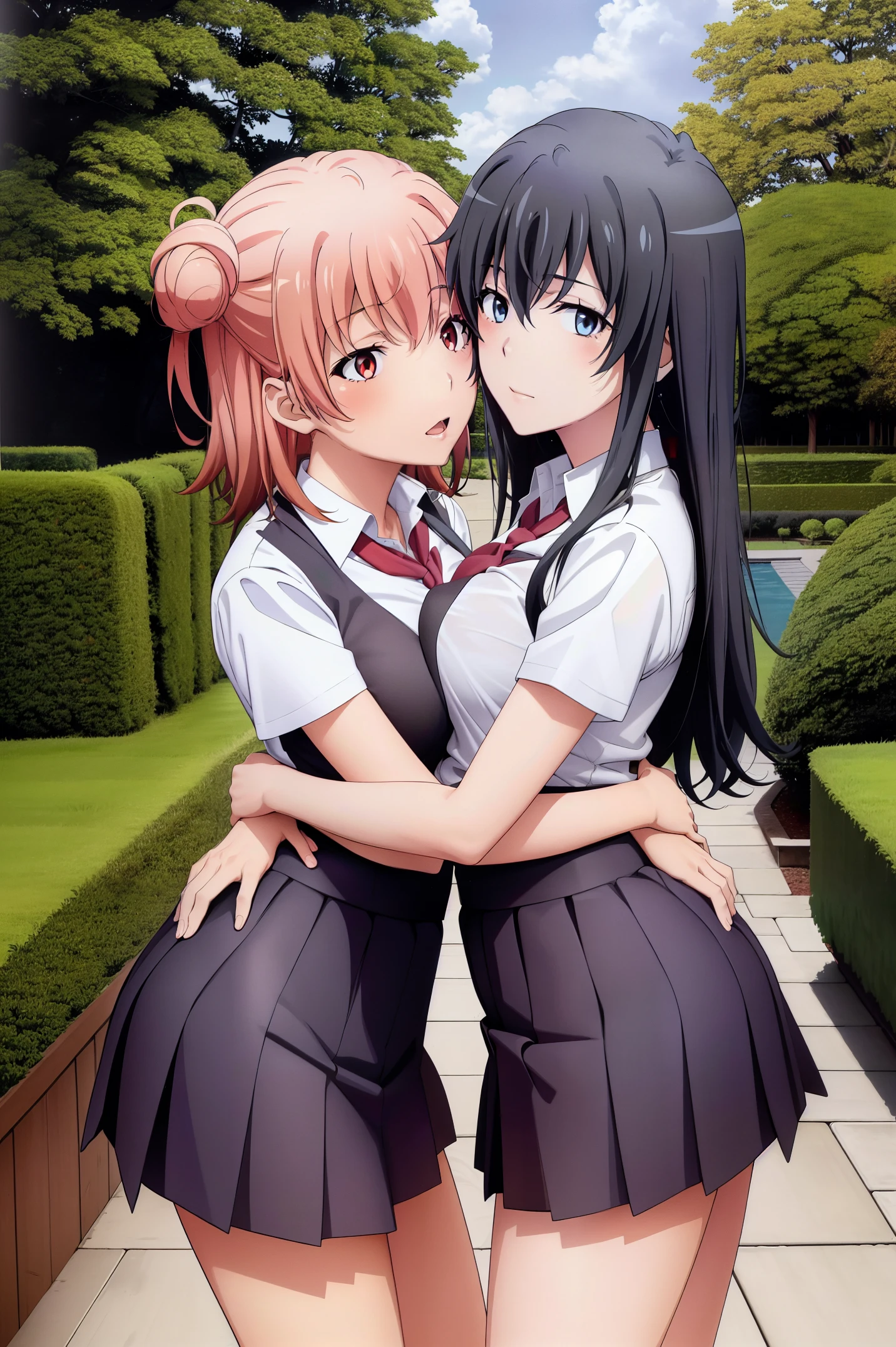 (best quality,4k,8k,highres,masterpiece:1.2),ultra-detailed,),yukinoshita yukino carrying yuigahama yui between her arms and intimate kiss in a beautiful garden scene,The two girls are dressed in stylish school uniforms